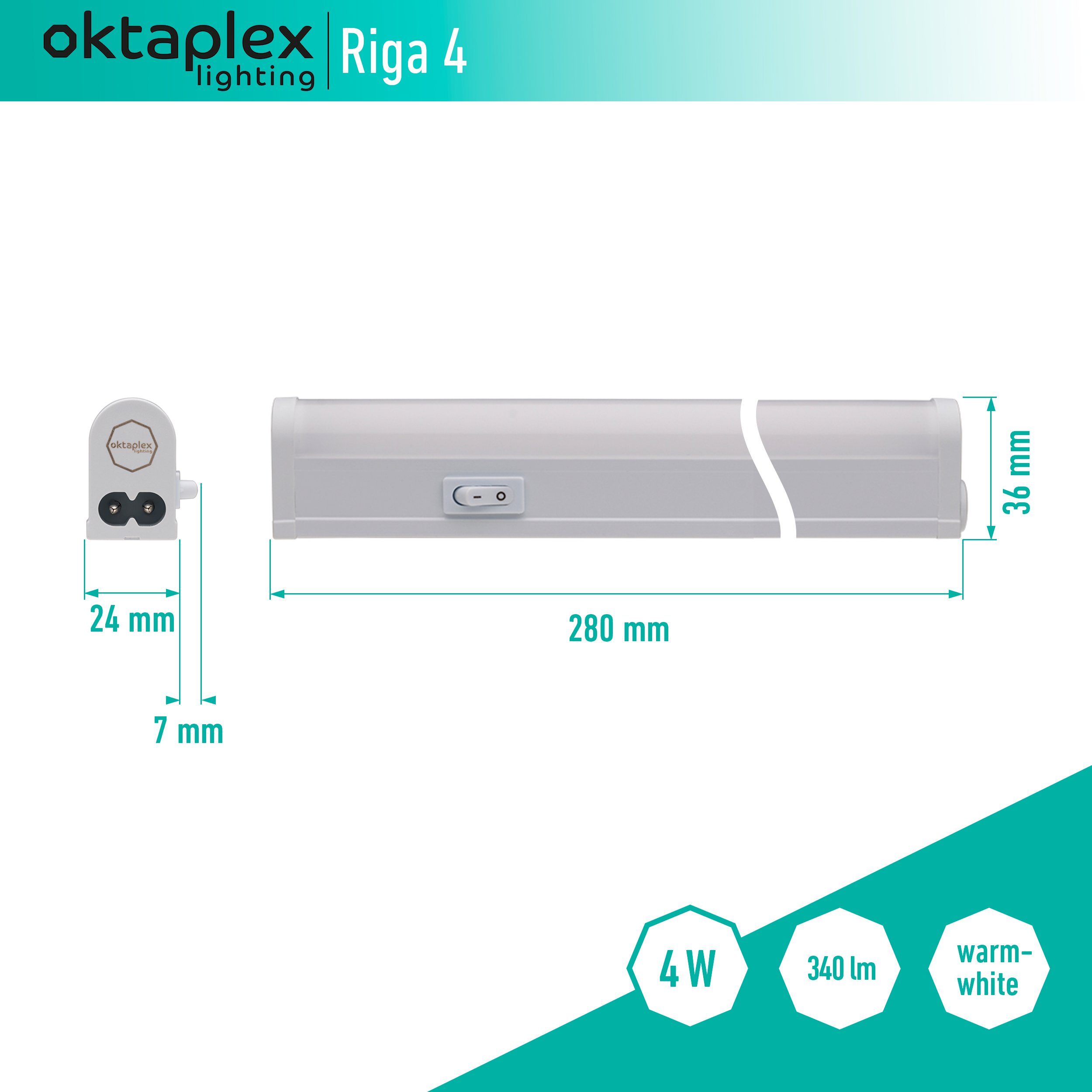 Oktaplex lighting LED Unterbauleuchte Riga 4W 28cm 230V, Ein-/Ausschalter, LED fest verbaut, Warmweiß, 3000K Lichtleiste Küche Unterschrankleuchte
