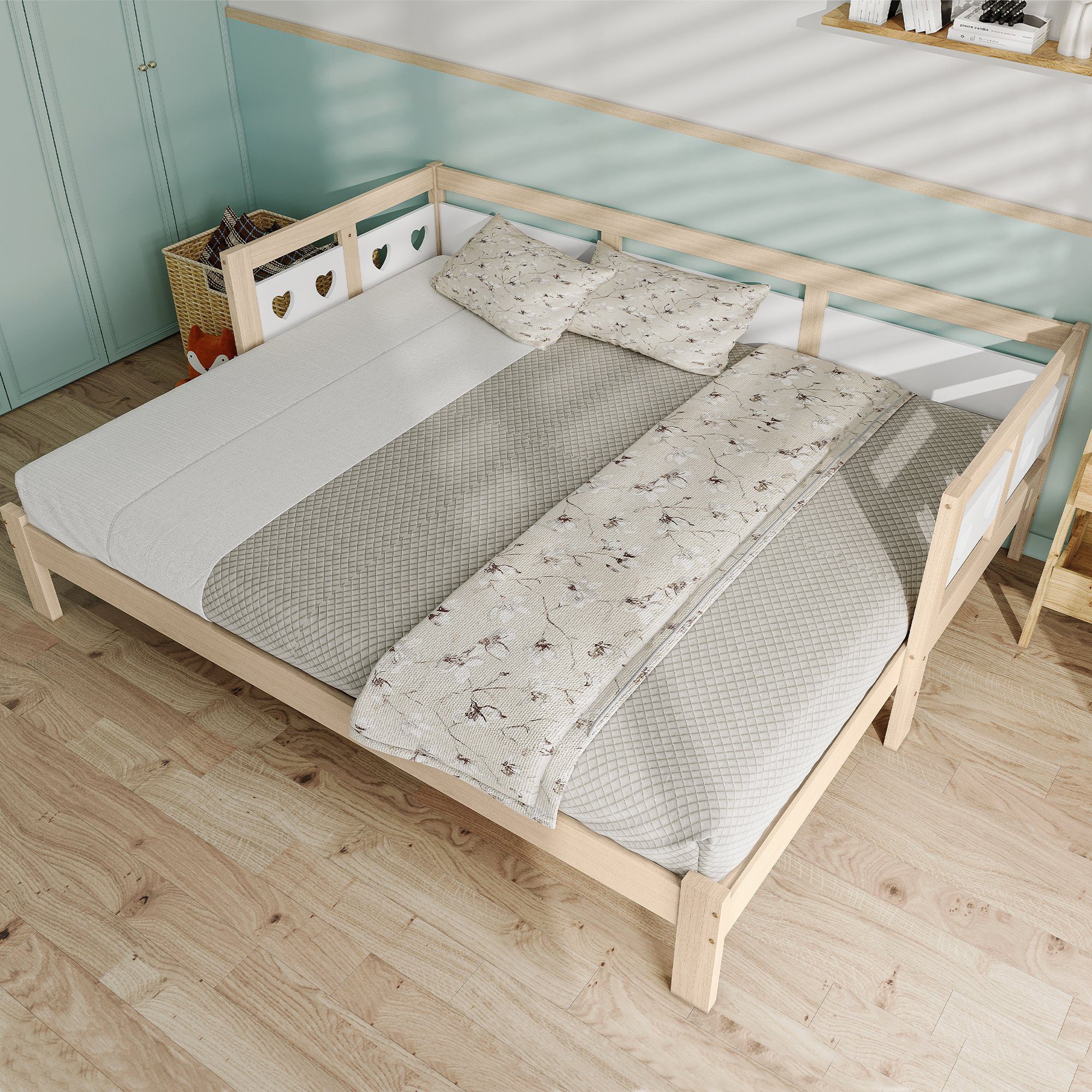DEEP POWER Holzbett 90x190cm Holzbett Einzelbett Doppelbett mit Ausziehbett Natürlich