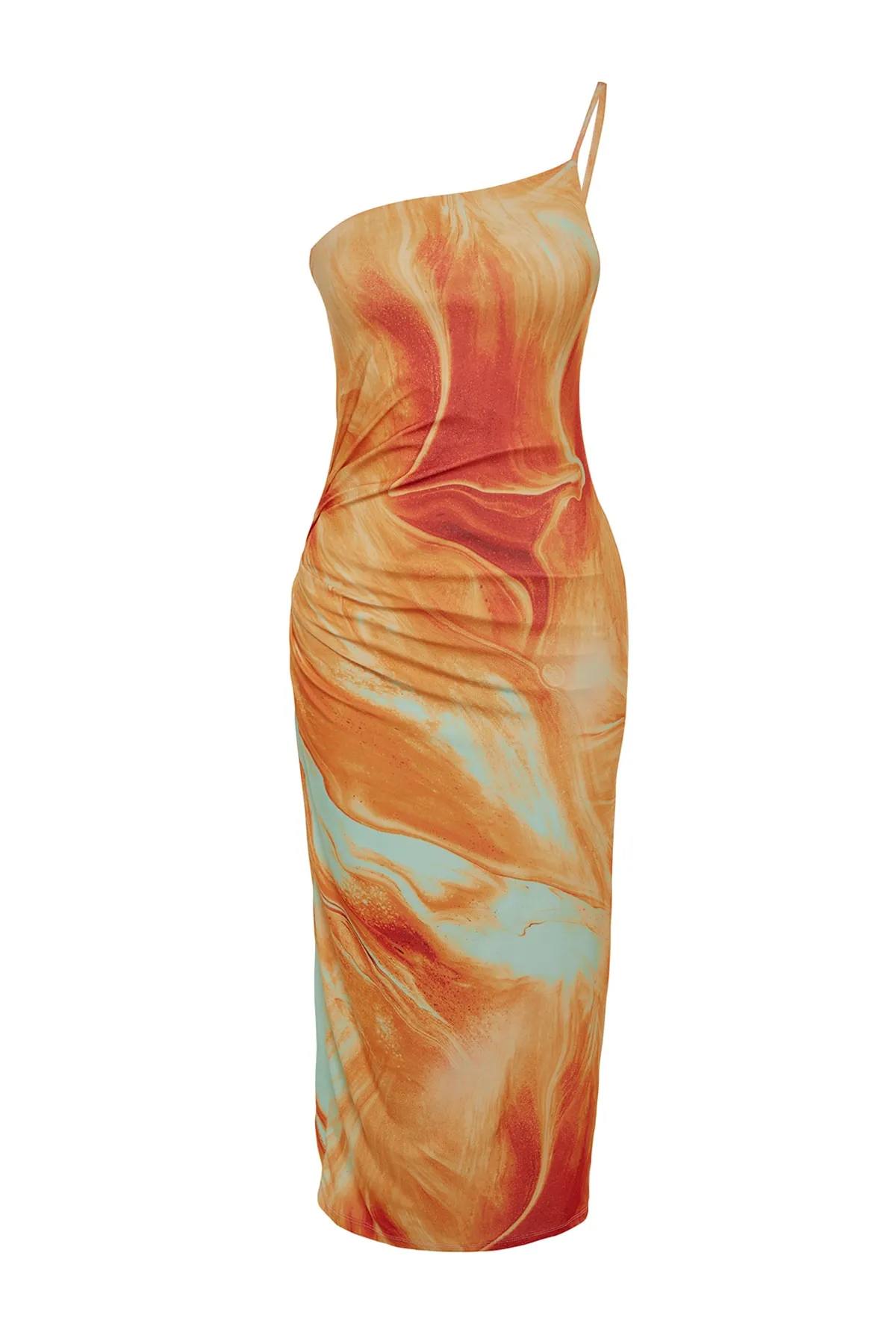 Trendyol Collection  Orange bedrucktes tailliertes Midi-Bleistiftkleid mit One-Shoulder-Träger und elastischem Strick TWOSS23EL01577