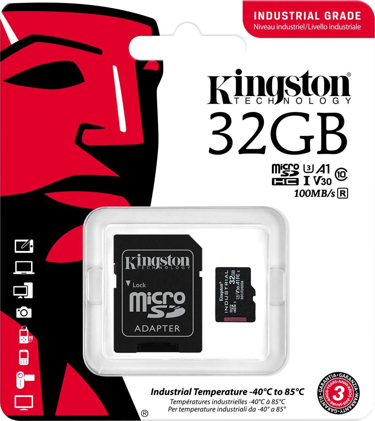 Kingston INDUSTRIAL microSD 32GB + SD Adapter Speicherkarte (32 GB, UHS-I Class 10, 100 MB/s Lesegeschwindigkeit)