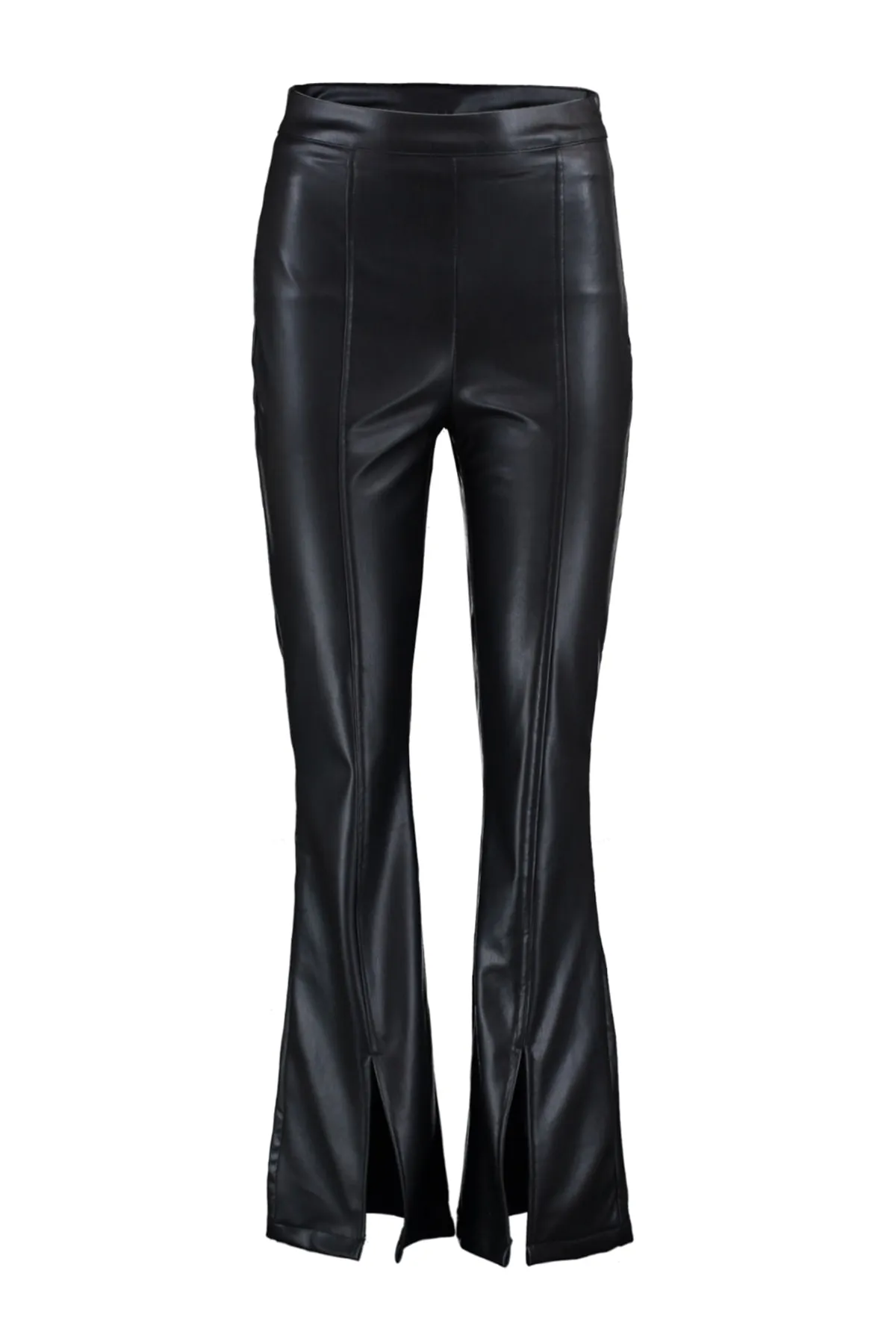 Trendyol Collection  Schwarze Hose aus gewebtem Kunstleder mit ausgestelltem Bein und Schlitzdetail TWOAW23PL00056