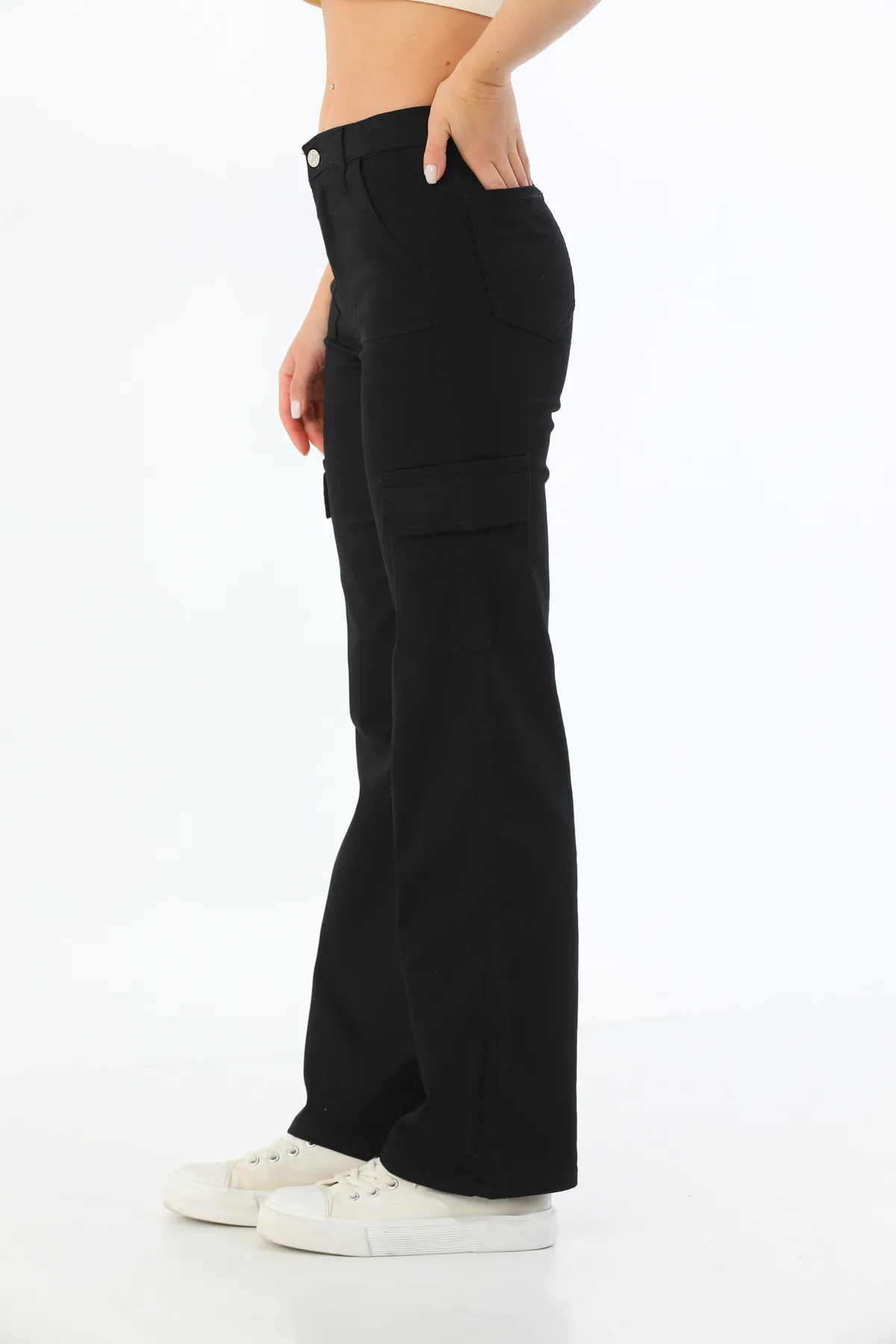 BİKELİFE  Schwarze Lycra-Hose mit hoher Taille und weitem Bein und Cargotaschen