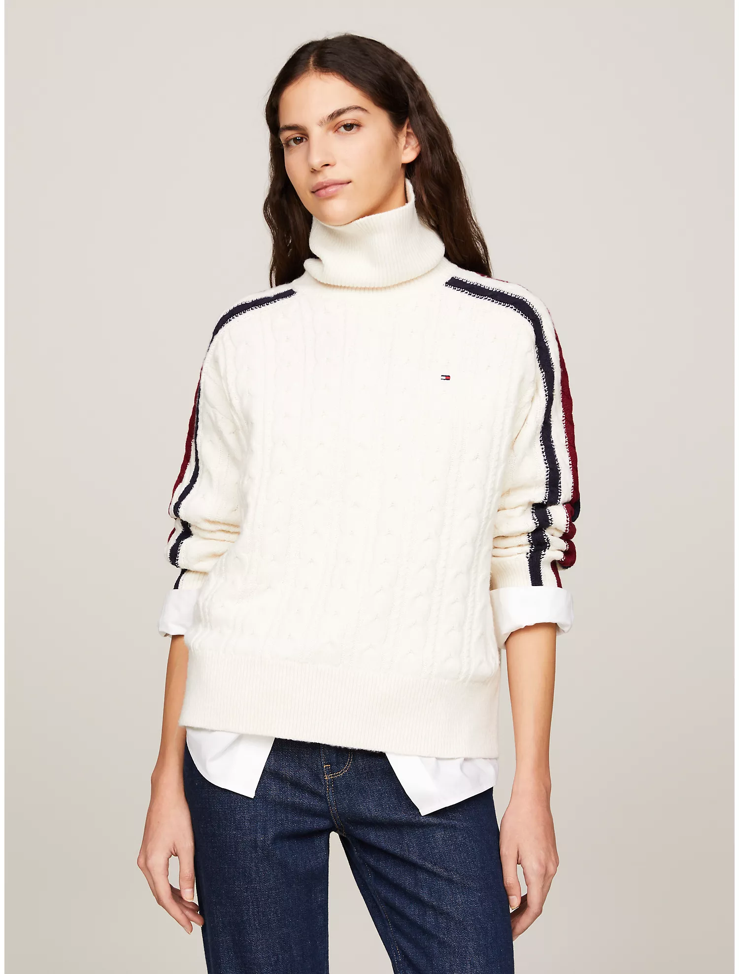 Stripe Cable Knit Turtleneck Sweater