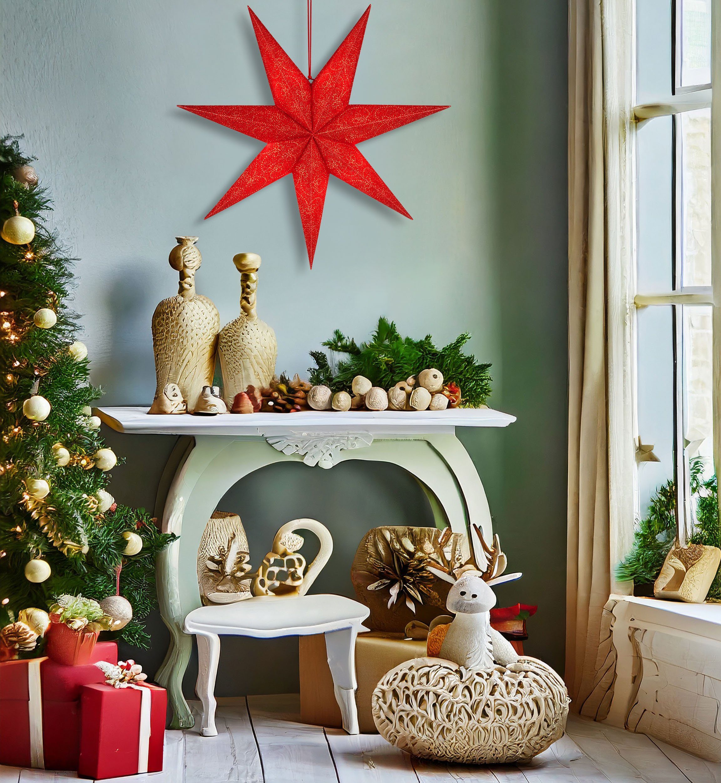 BRUBAKER Dekostern 60 cm Weihnachtsstern für Innen - Adventsstern mit E14 Fassung Hängend, 1 St., 3D Papierstern mit 3,5m Kabel - Fenster Stern Weihnachten Leuchtstern