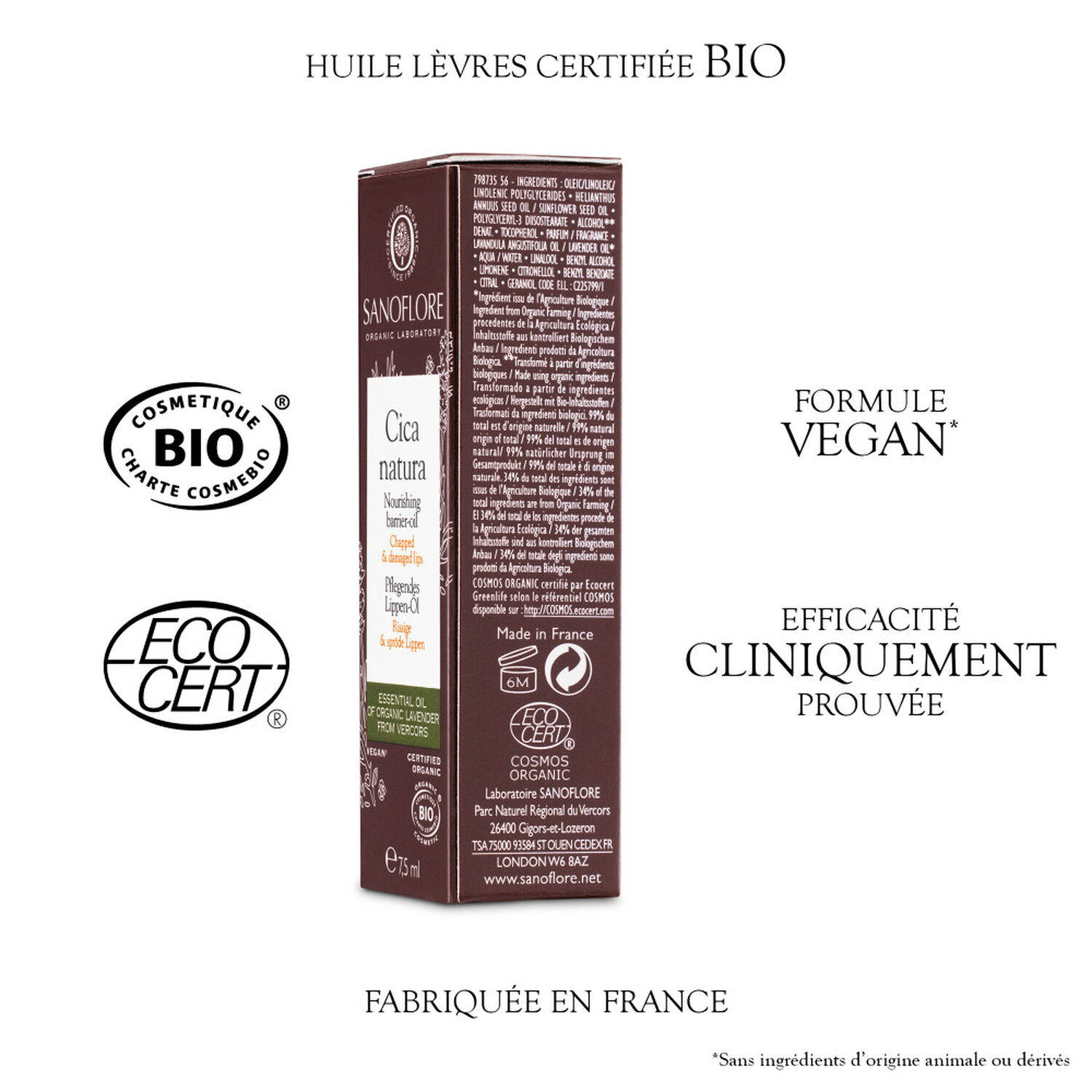 Sanoflore Cica Natura Huile Barrière Nourrissante Lèvres 7.5 ml