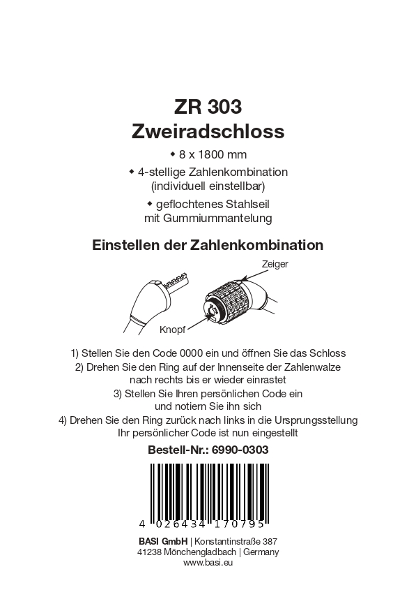 Basi Zweirad-Spiralschloss ZR 303