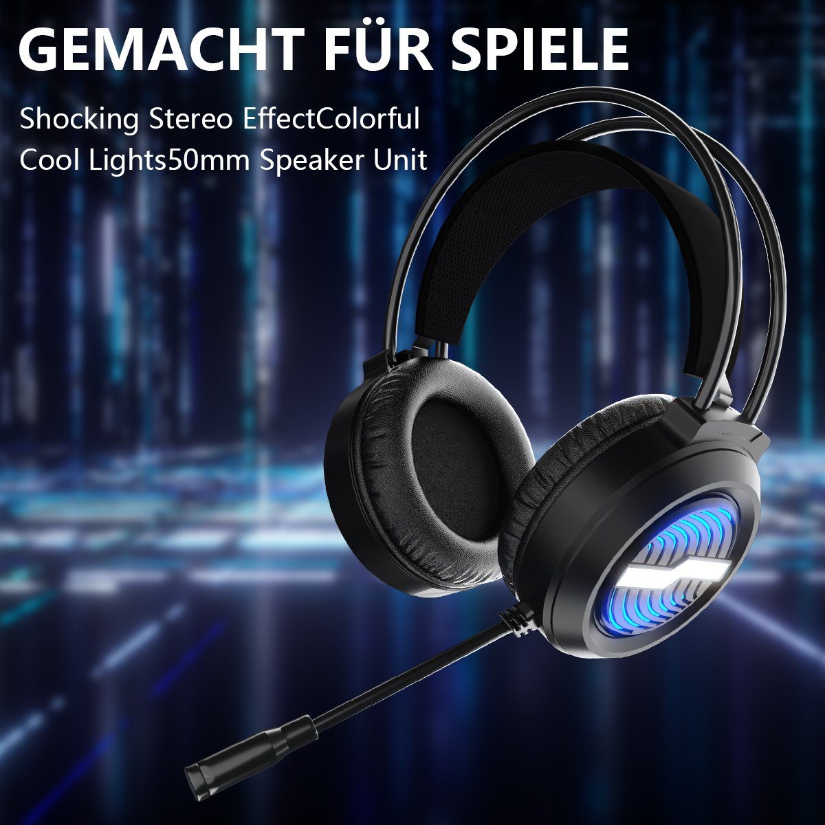 BUMHUM Gaming-Headset,Bunte LED-Beleuchtung, USB-Kabel Gaming-Headset (Over-Ear-Design: Gaming-Headset mit starkem Bass und Mikrofon)