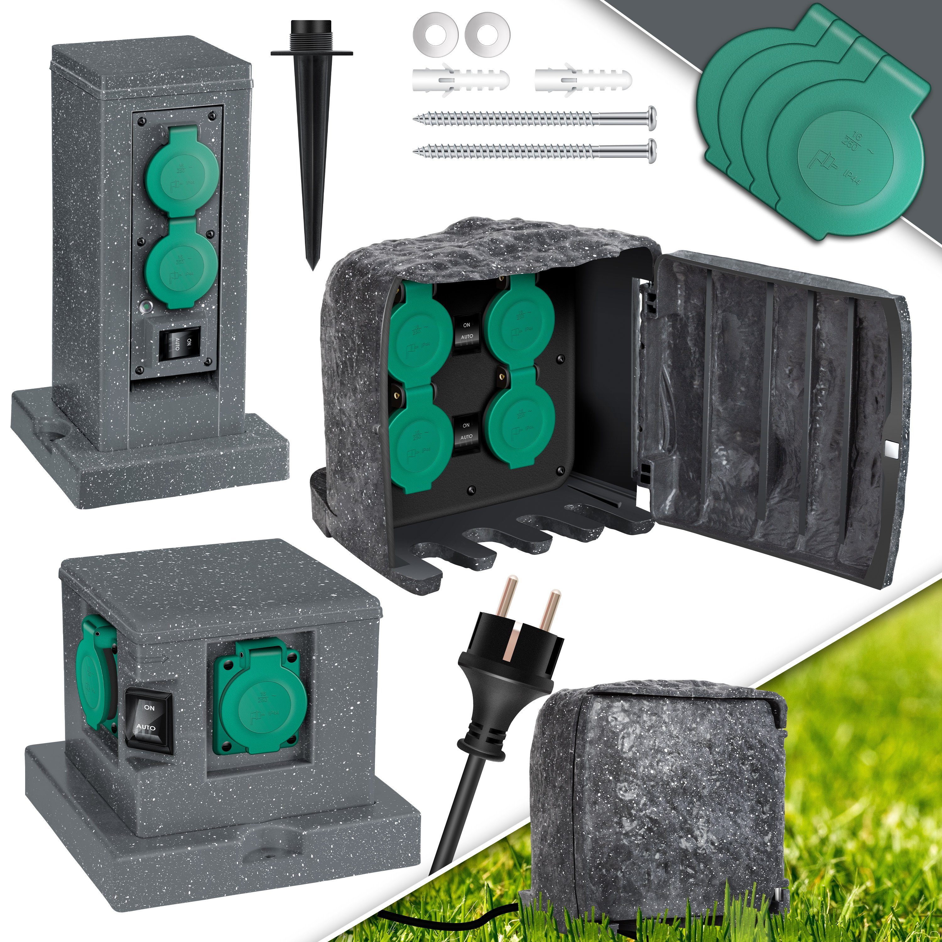 KESSER Gartensteckdose, Gartensteckdose Steinoptik mit Steckplätzen Inkl.Erdspieß