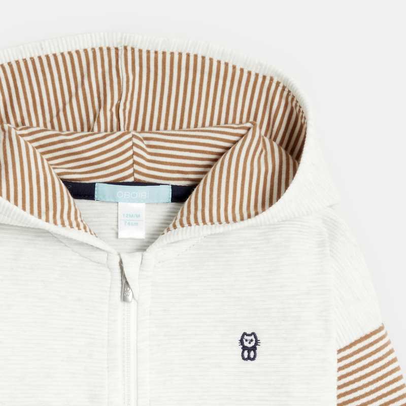 Sweat zippé effet côtelé chat brodé blanc bébé garçon