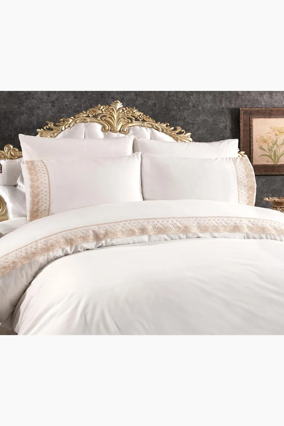 Çeyiz Diyarı  Bettwäsche-Set „Suzan Dowry“ mit französischer Spitze, Creme-Cappuccino