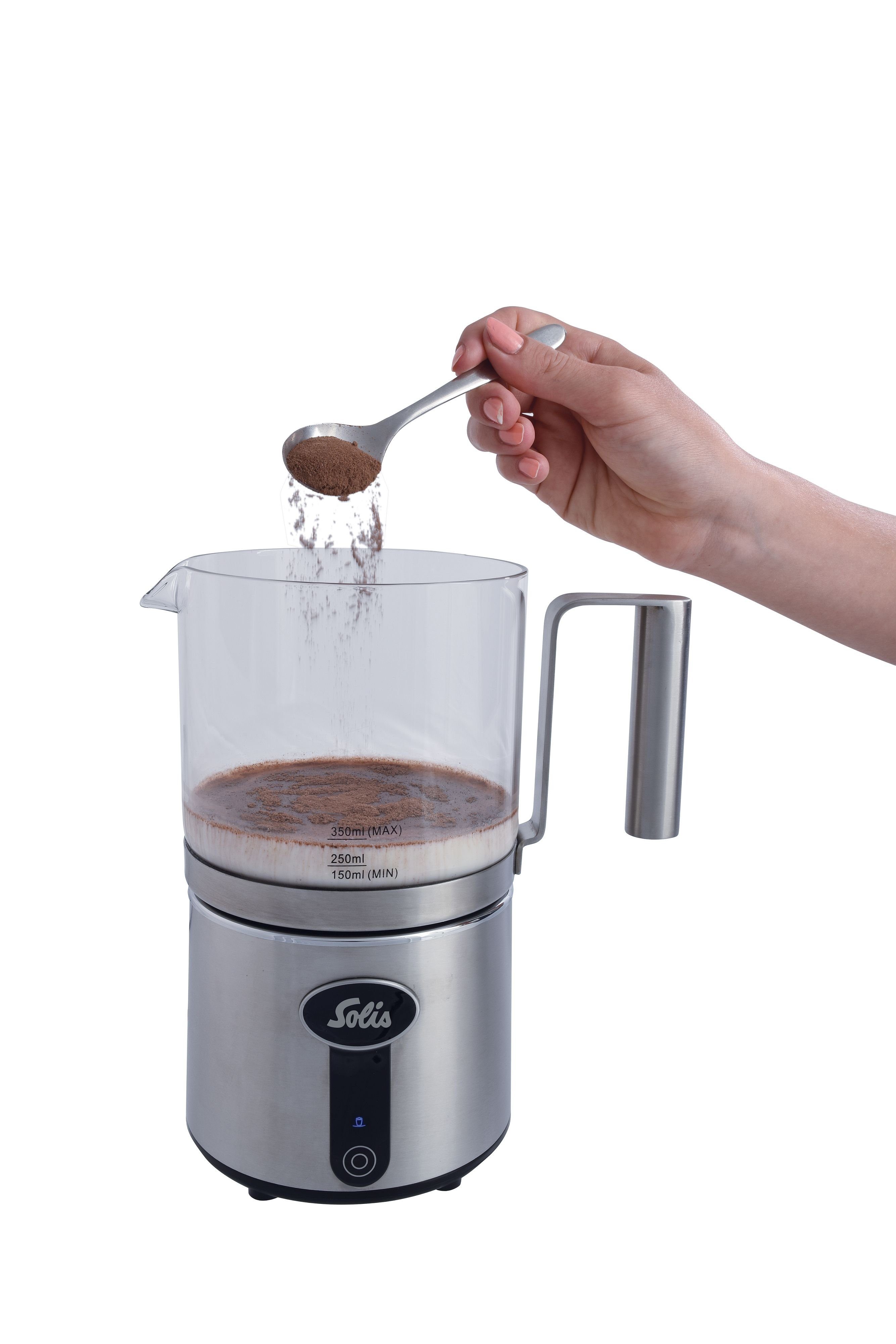 SOLIS OF SWITZERLAND Milchaufschäumer erhitzen Tyo, 600 W, 350 ml Glaskrug, 5 Funktionen, Quirl