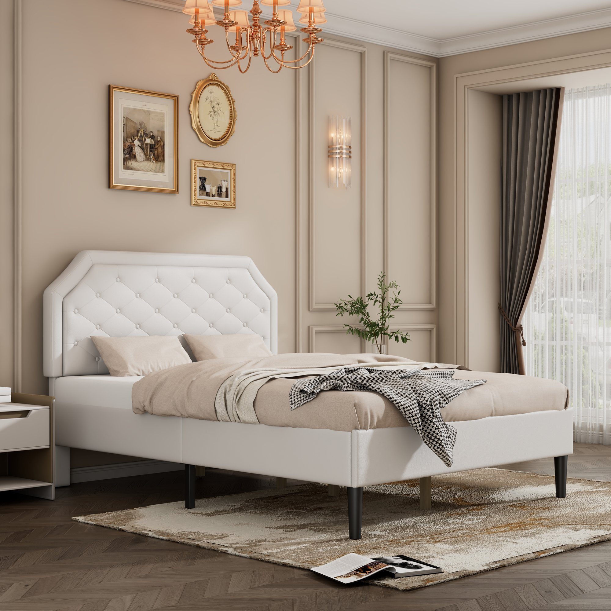 Flieks Schlafzimmer-Set, Polsterbett 140x200cm + LED Nachttisch + Betthocker, Kunstleder
