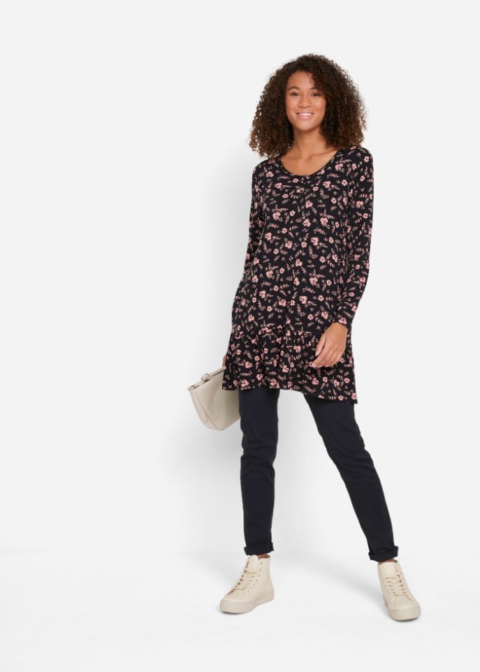 Bedruckte Shirt-Tunika mit LENZING™ ECOVERO™, langarm
