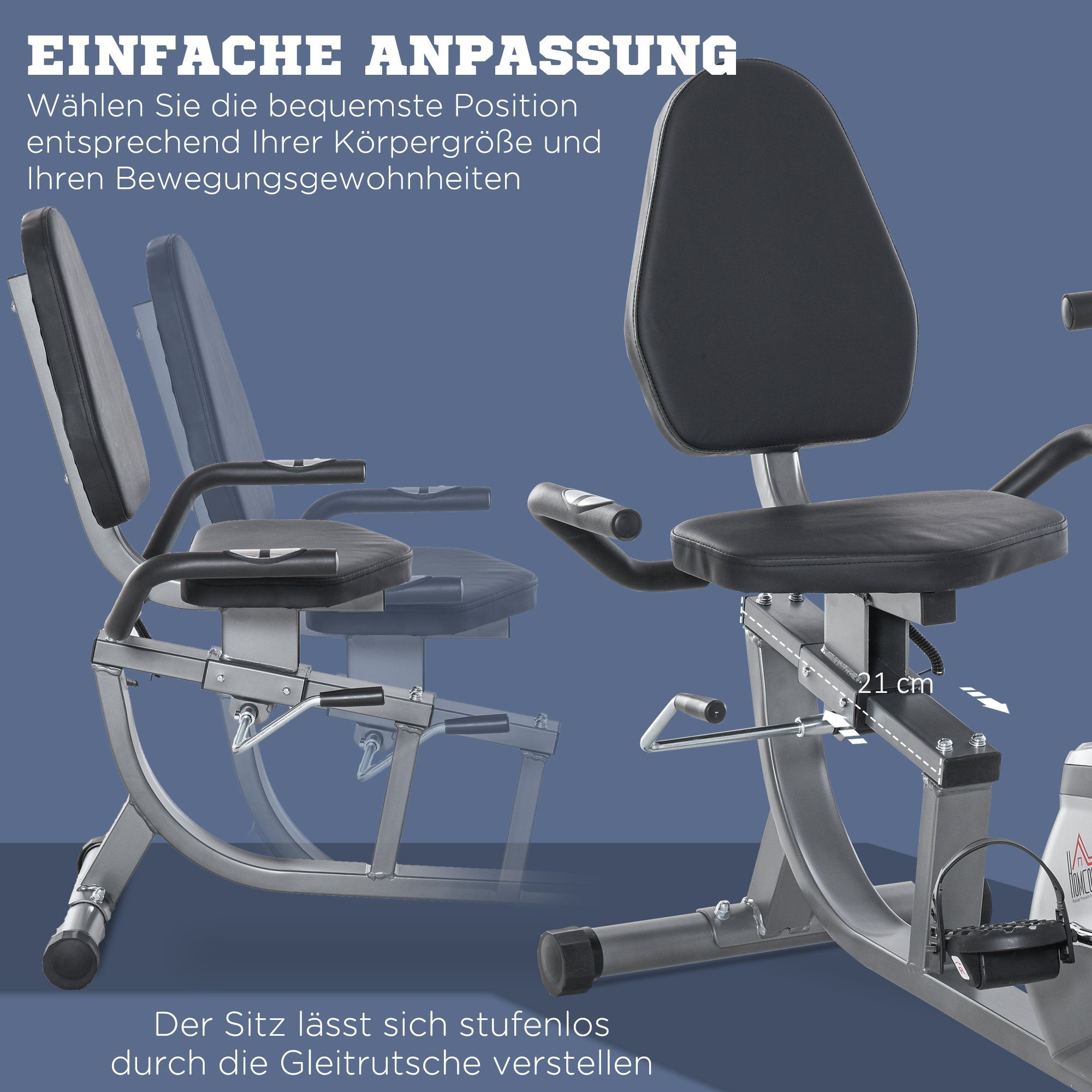 HOMCOM Heimtrainer mit LCD-Anzeige 8 stufig einstellbarem Magnetwiderstand Metall ABS (1-tlg., Nutzergewicht bis 110 kg), 121.5-136L x 62.5B x 98 H cm