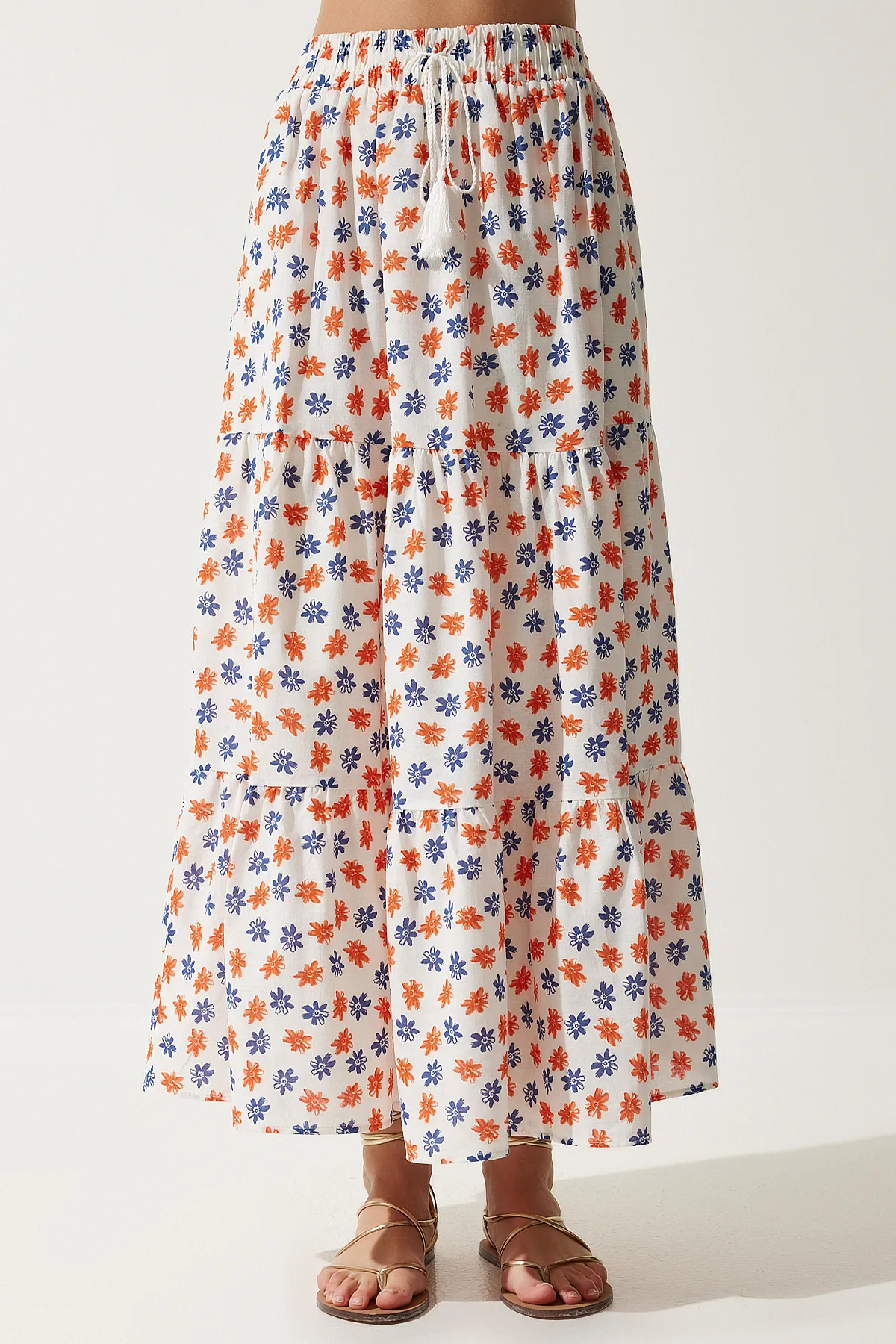 Happiness İstanbul  Ecru-orangefarbener Sommer-Leinenrock mit Blumenmuster und Volants für Damen RG00016