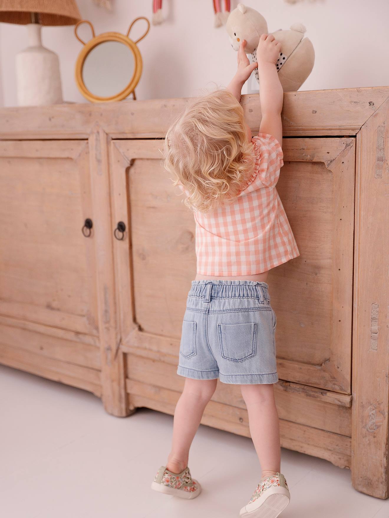 Vertbaudet Kurzärmelige Mädchen Baby Bluse - rosa kariert