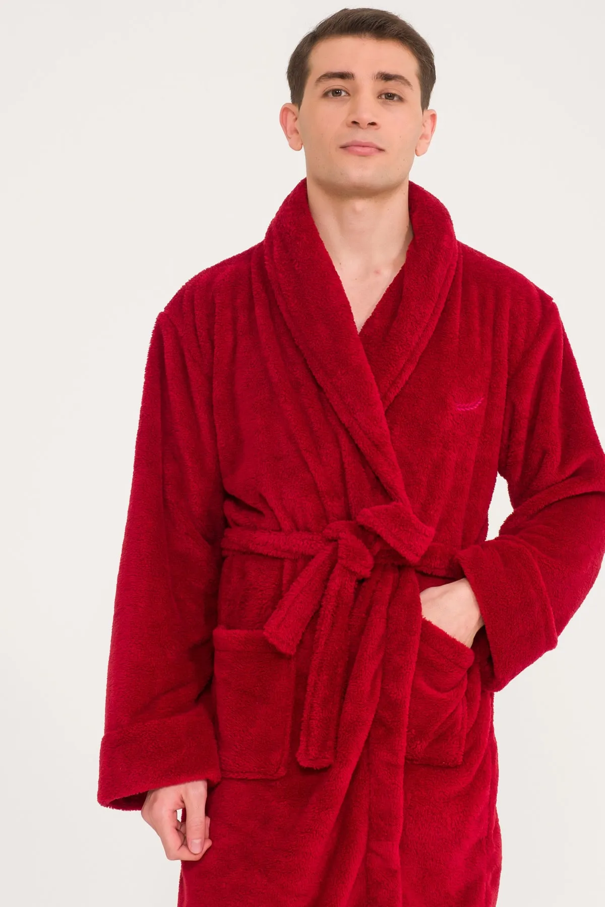 Miespiga  Schalkragen Welsoft Bordeauxrot Fleece-Bademantel Familienset