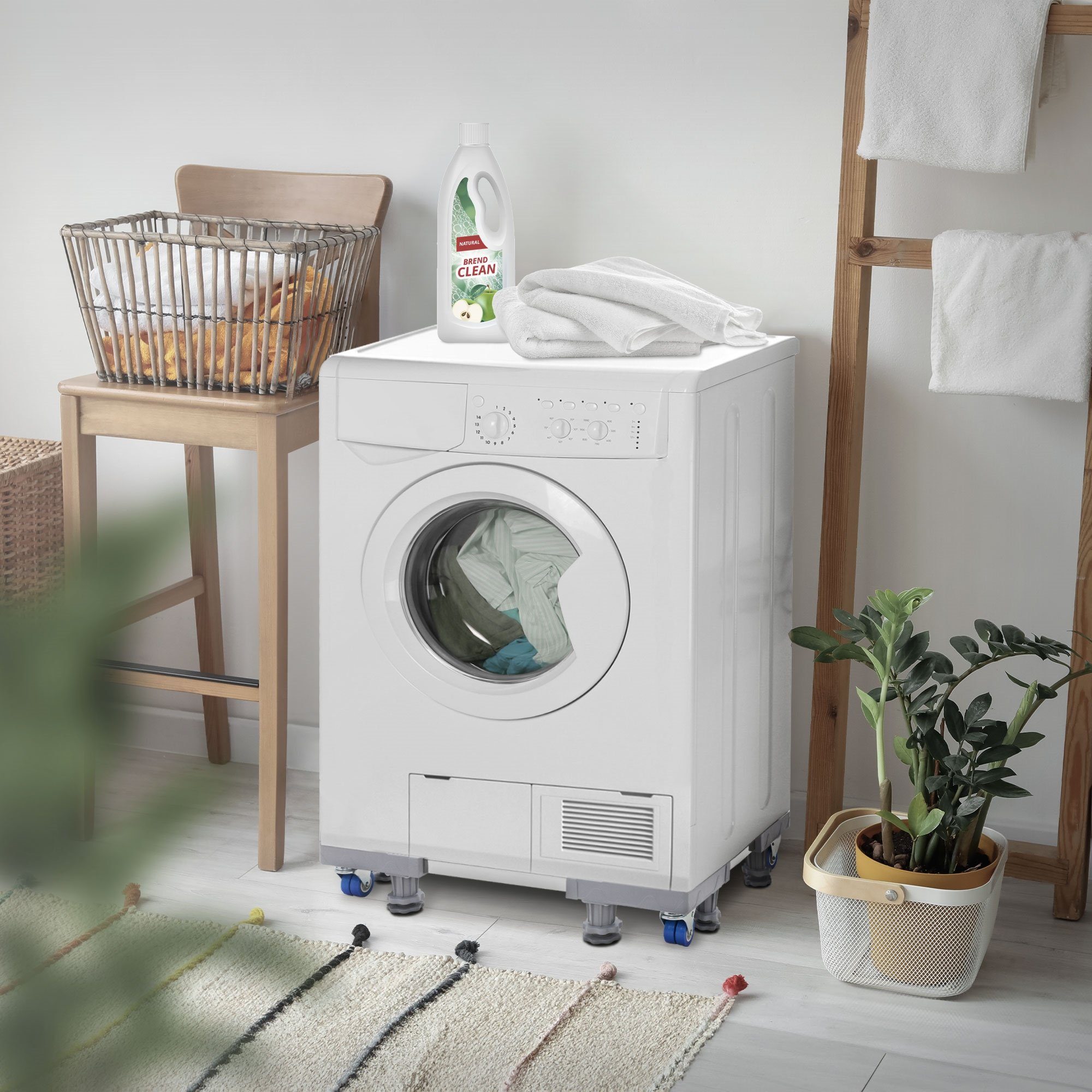 ECD Germany Waschmaschinenuntergestell Waschmaschinen Untergestell Podest rutschfest für Kühlschrank&Trockner, beweglich mit 8 Füßen 4 Räder verstellbar Breite 43-66cm Höhe 10-13cm