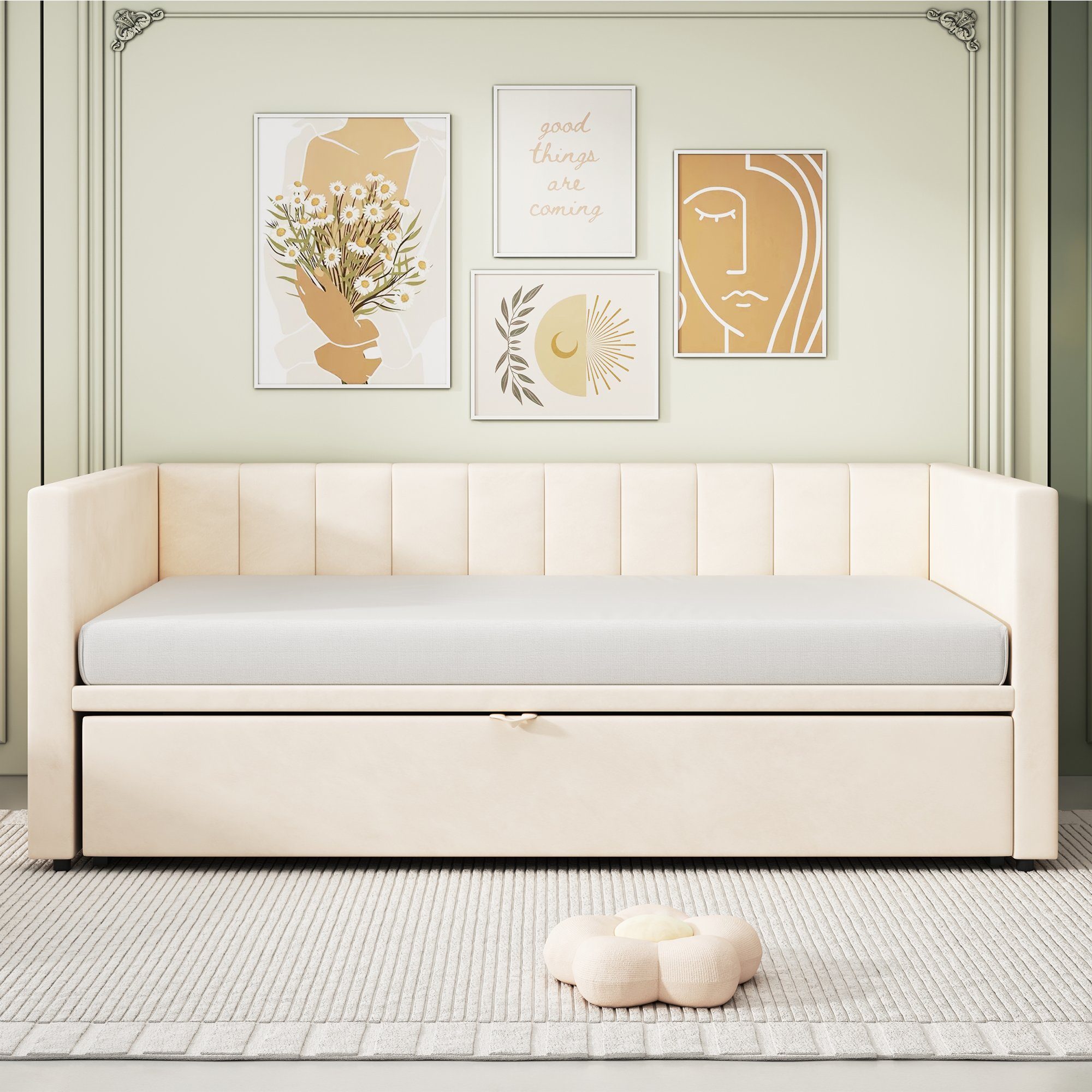 WISHDOR Polsterbett Funktionsbett Doppelbett Schlafsofa Kinderbett Bett 90/180*200 cm (Multifunktionsbett aus hautfreundlichem Samtstoff, Ausziehbares Schlafsofa mit Lattenrosten), ohne Matratze