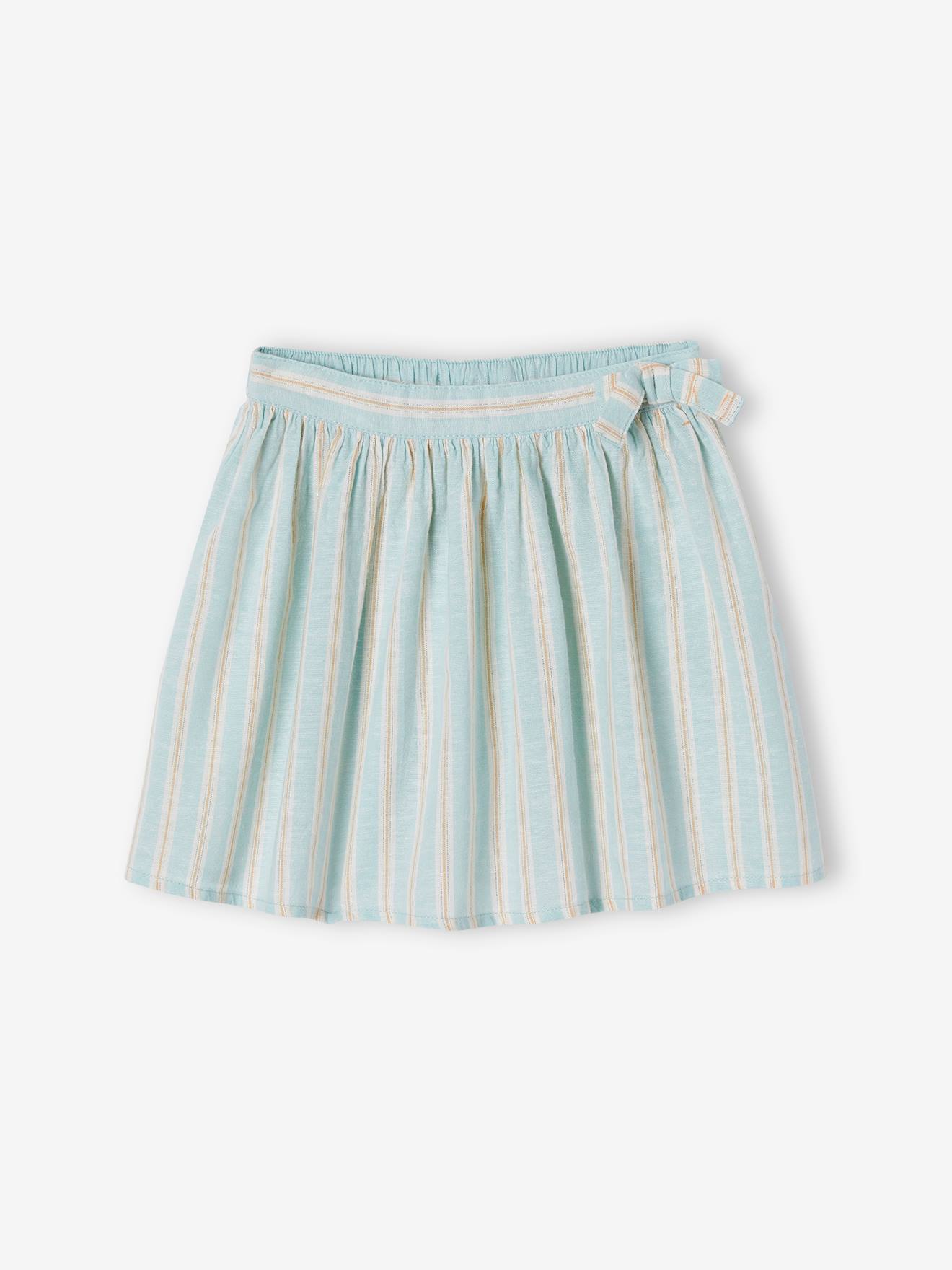 Jupe rayée fil brillant fille en coton/lin bleu pâle