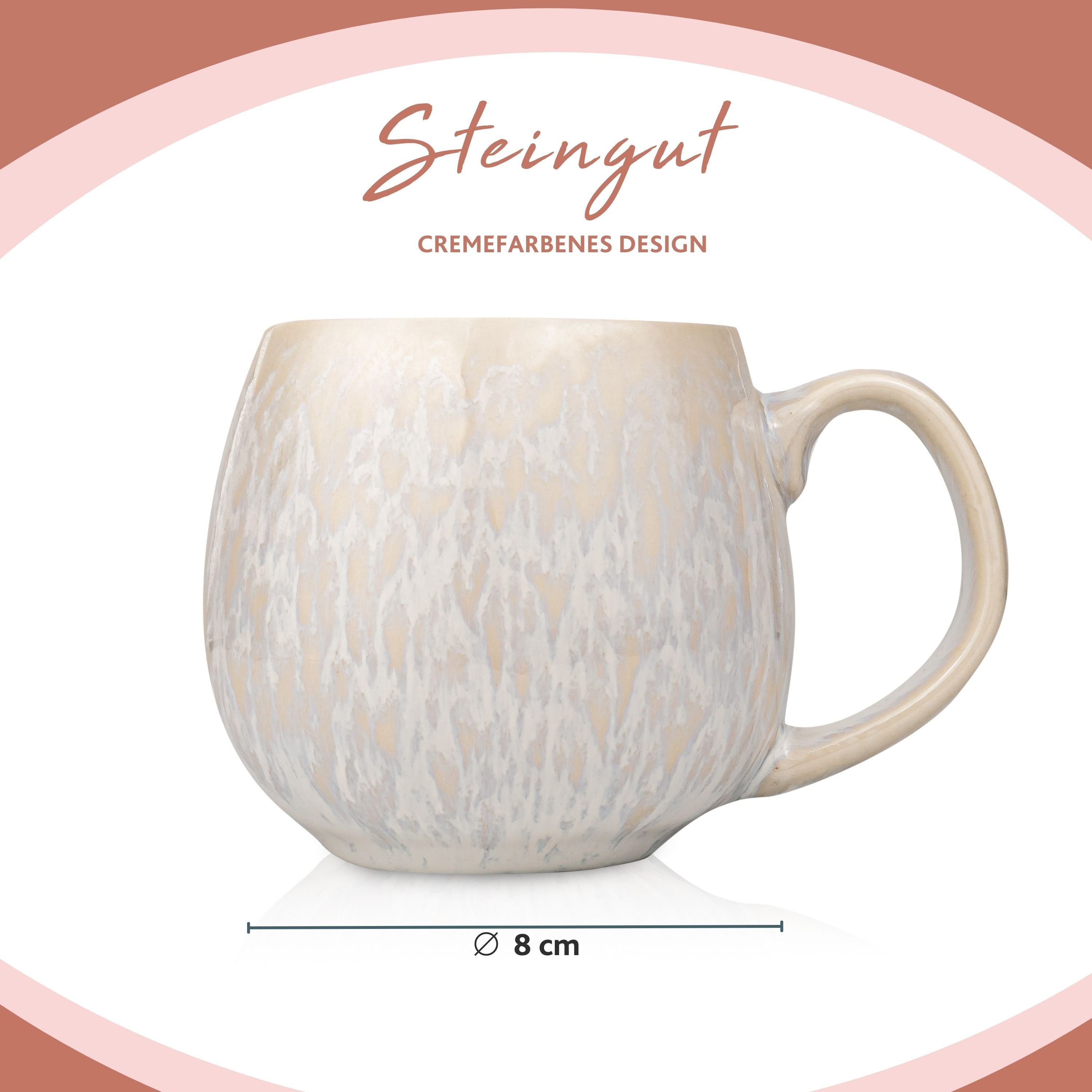 SÄNGER Becher Korfu Kaffeebecher Set (4-teilig), Steingut, Creme Farben mit Sandiger Maserung, 460 ml, Handmade