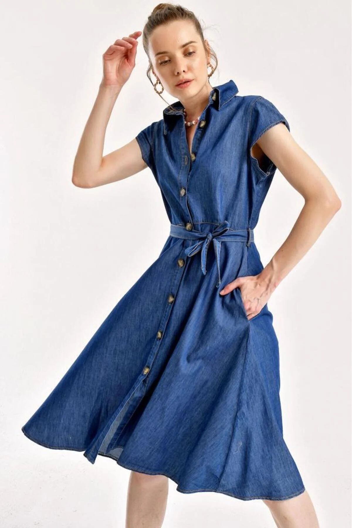 Bigdart  1677 Jeanskleid mit geknöpftem Taillengürtel – Marineblau