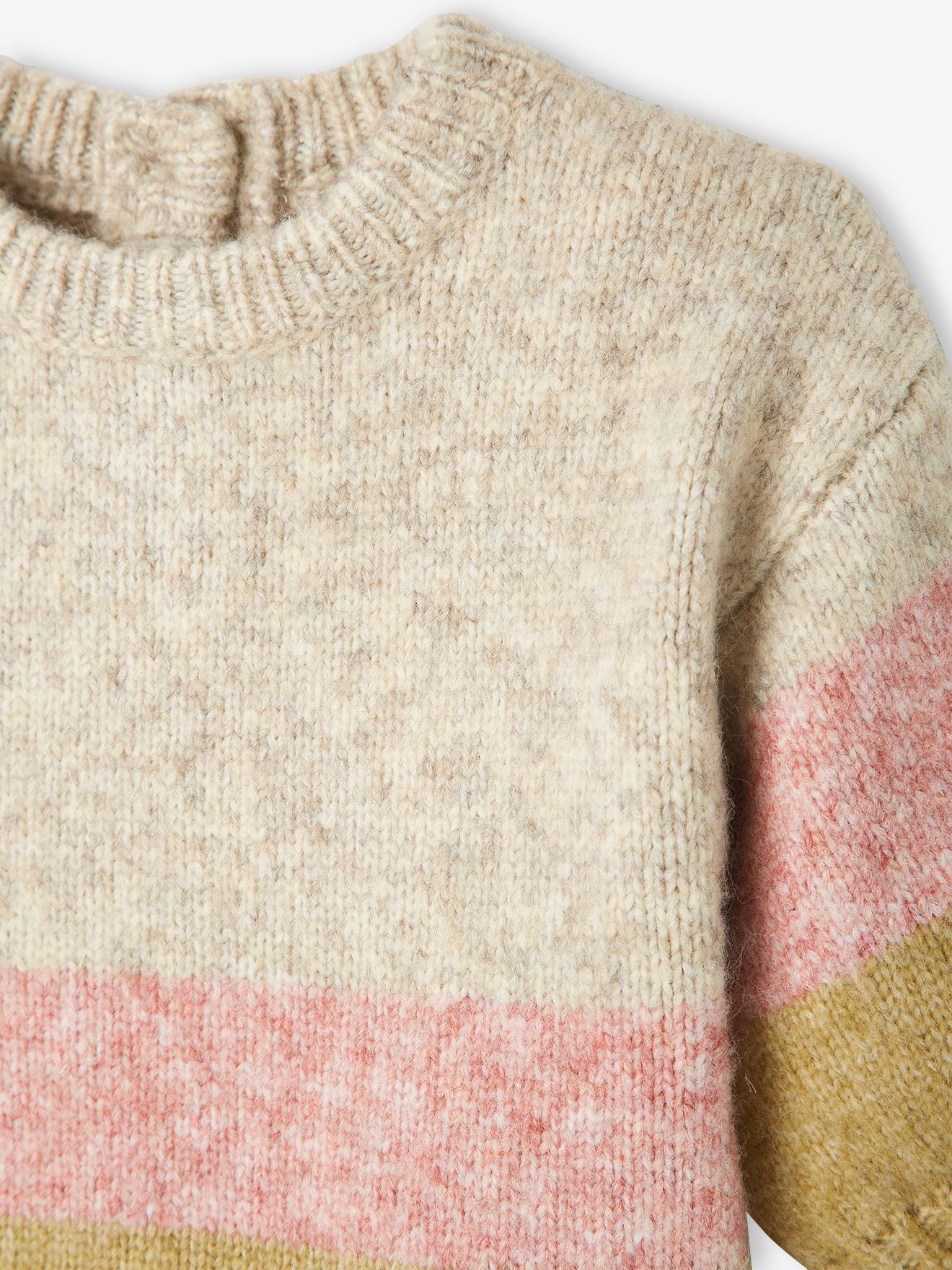 Pull tricot rayures larges bébé beige rosé