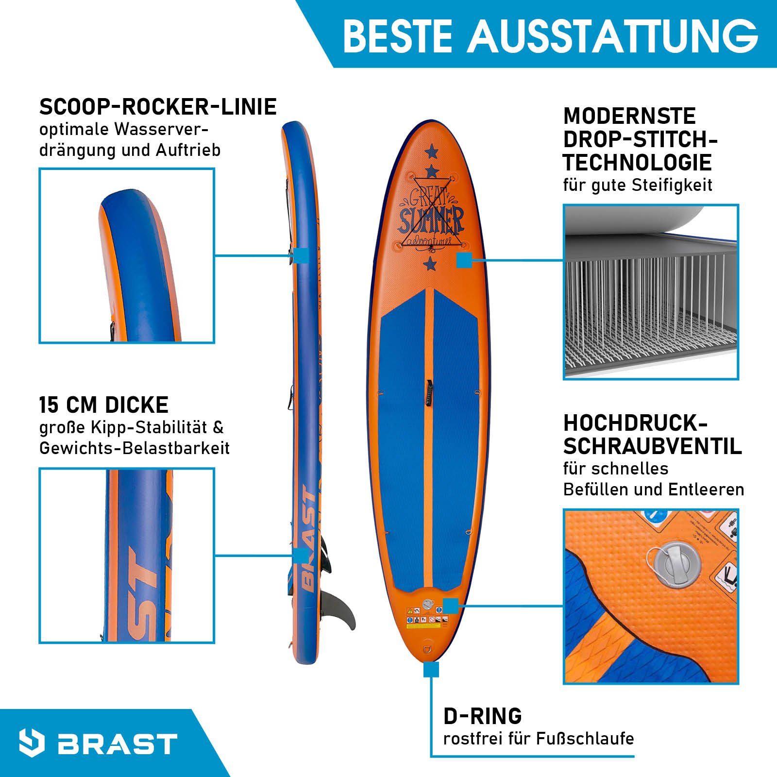 BRAST SUP-Board Summer Aufblasbares Stand up Paddle Set - 320x81x15cm, 5 Jahre Garantie inkl. Sonderzubehör, (2in1 Paddel Kajak-Sitz Action-Cam-Halterung), Fußschlaufe Paddel Pumpe Rucksack