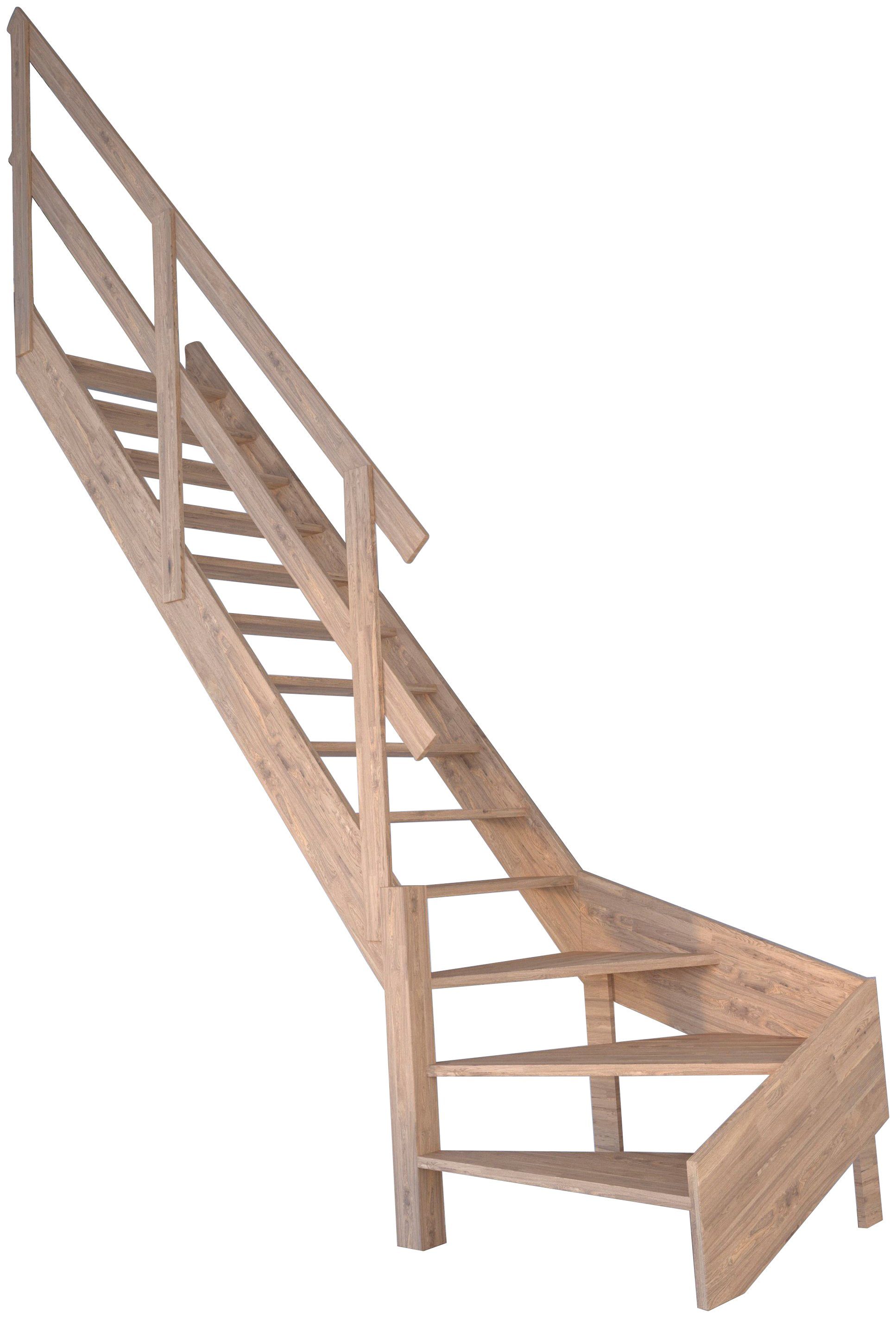 Starwood Raumspartreppe Massivholz Rhodos, Holzgeländer, für Geschosshöhen bis 300 cm, Stufen offen, gewendelt Links, Durchgehende Wangenteile