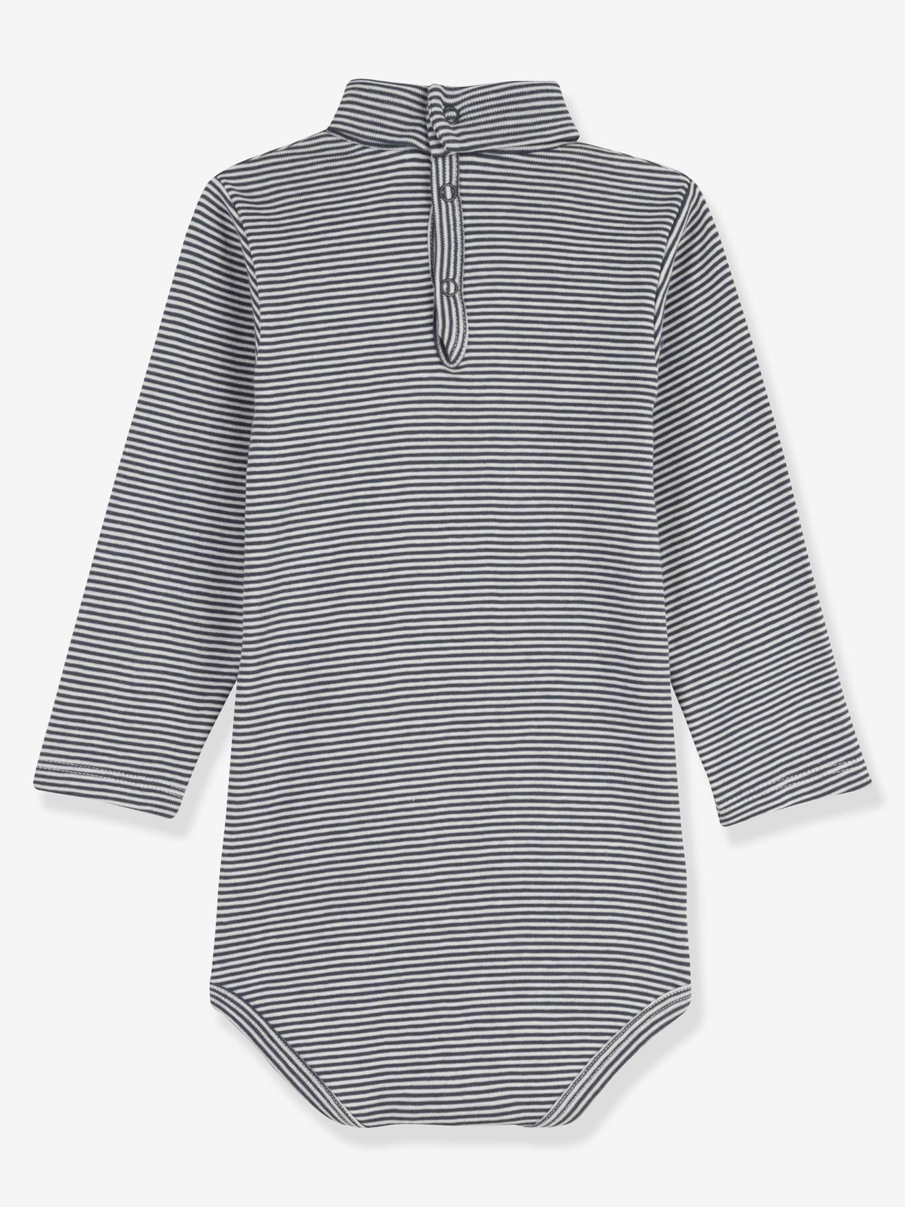 Body manches longues col roulé rayé en coton bio PETIT BATEAU gris