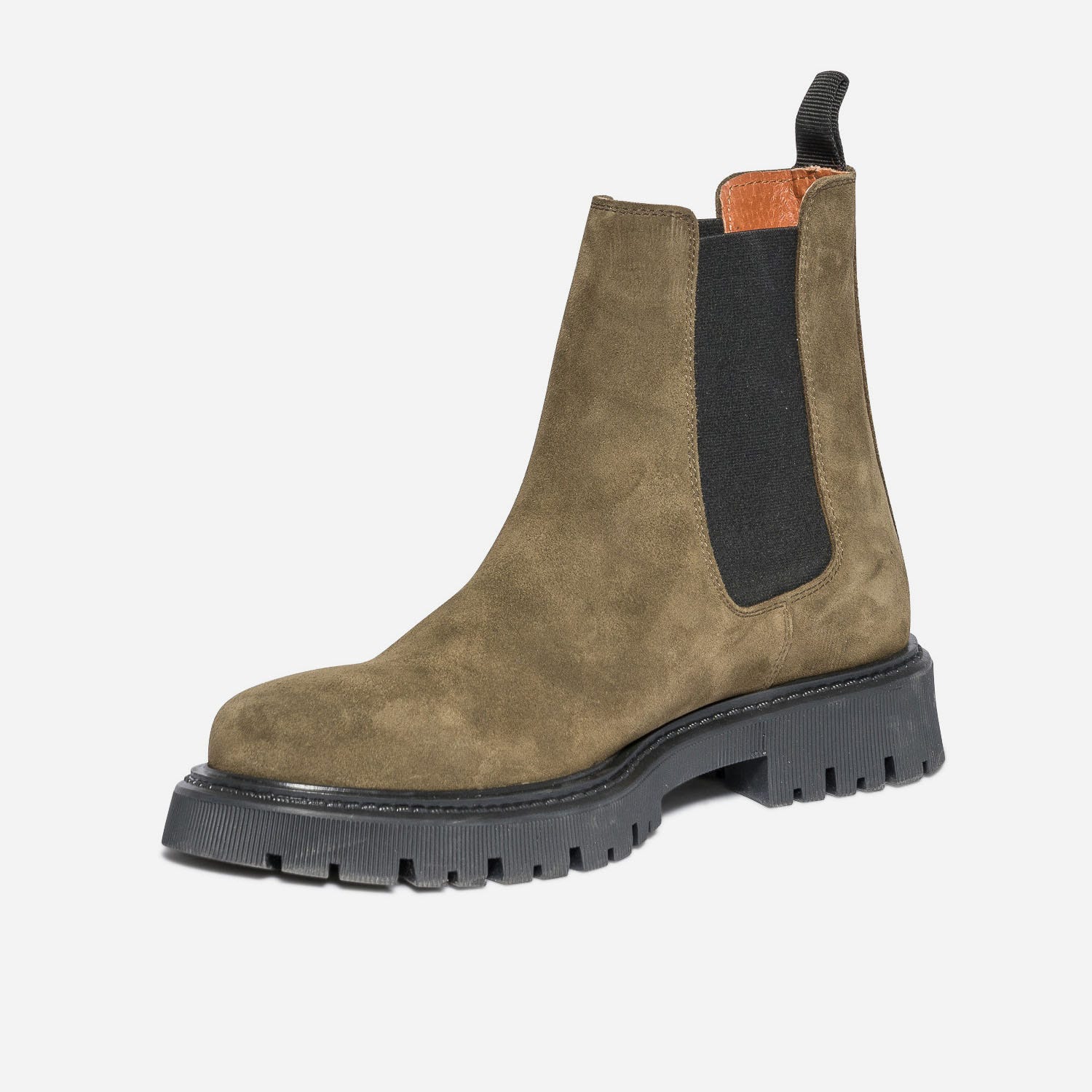 Chelsea boots kaki en cuir velours à semelle crantée