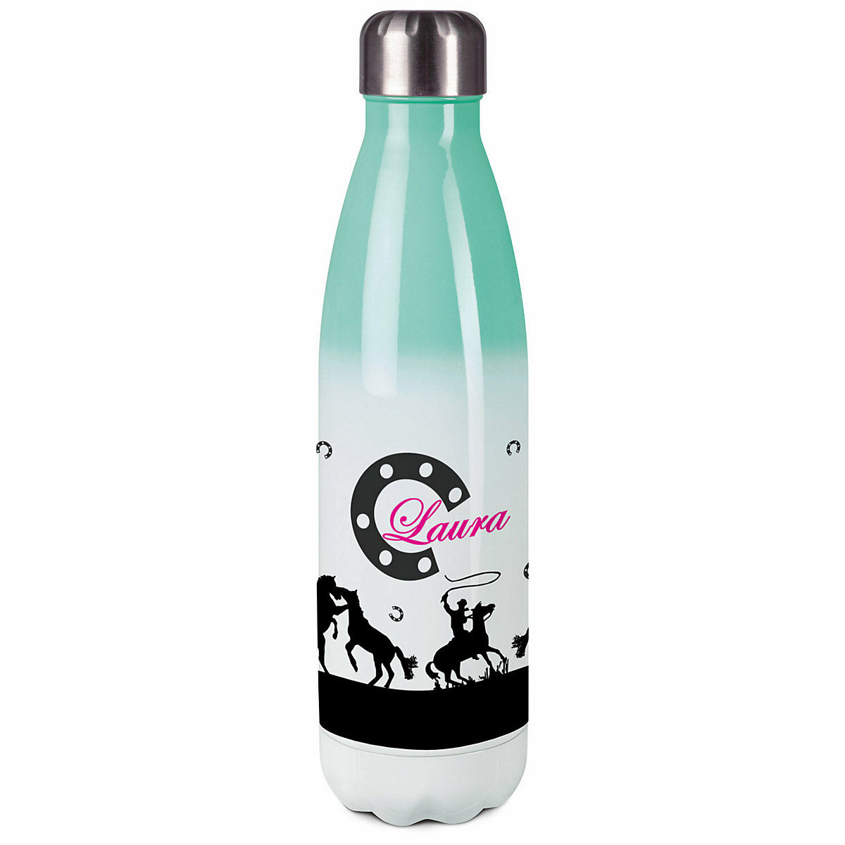 Edelstahl Kinder Thermoflasche / Trinkflasche bunt Pferd-Cowboy schwarz Spülmaschinenfest, Auslaufsicher, Bruchfest, Doppelwandig, Für Heißgetränke geeignet, Mit Deckel, Isoliert