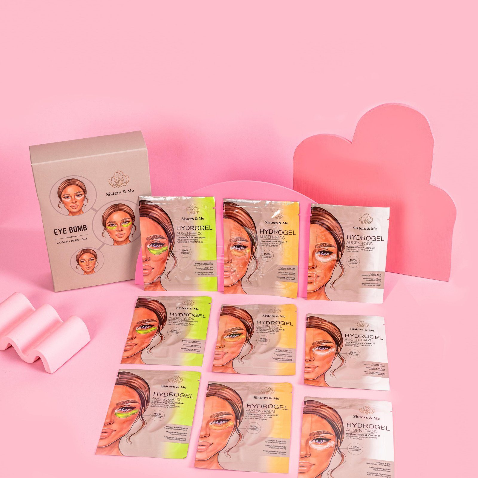 Sisters & Me Augenpads Sisters & Me Eye Bomb Set, Vegan, Hydrogel Augen Pads Set gegen Augenringe & Tränensäcke, Hochdosiert, Hyaluronsäure Serum und Collagen, Premium Anti-Aging Augenpads, 9-tlg.