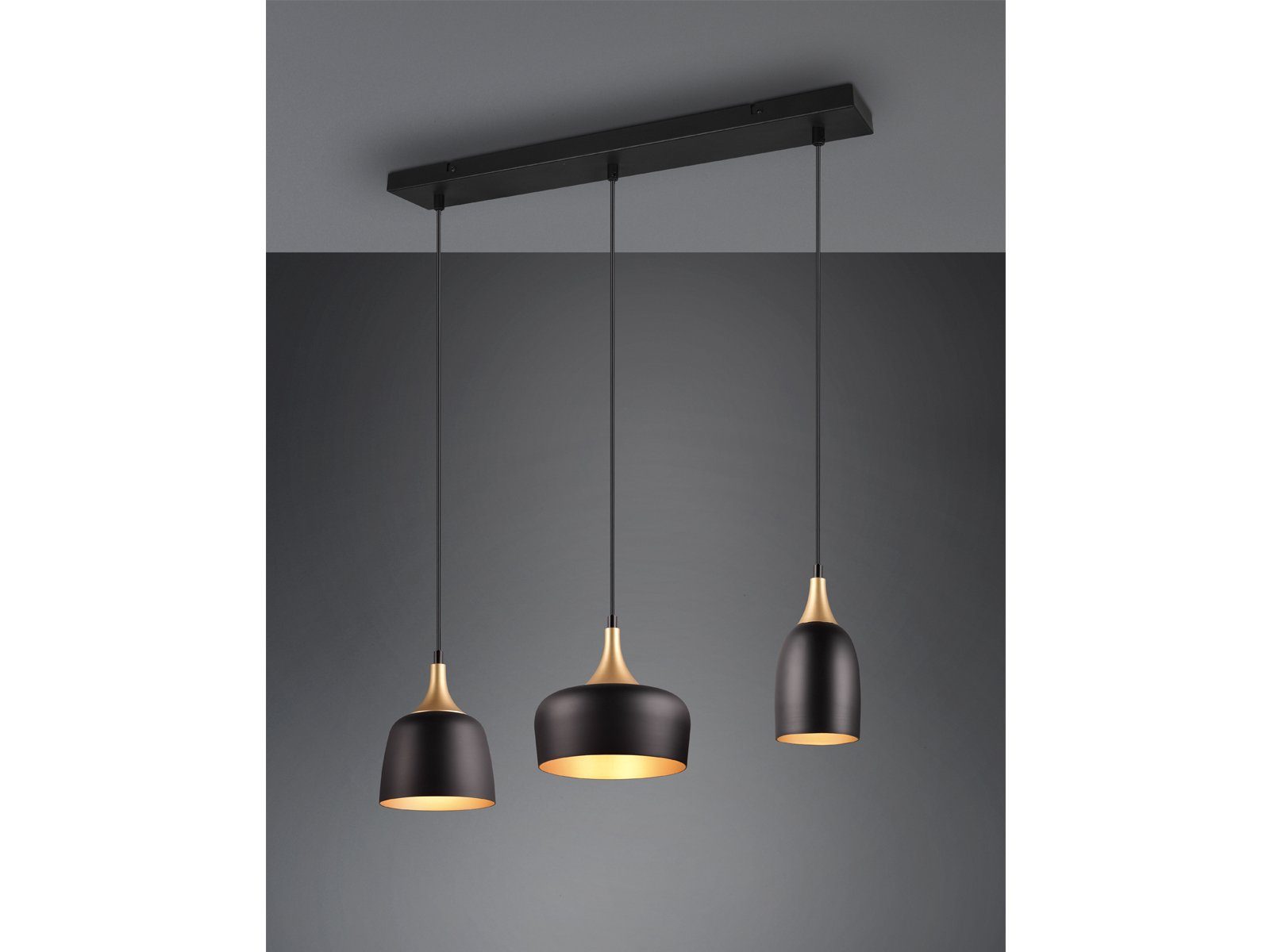meineWunschleuchte LED Pendelleuchte, Dimmfunktion, LED wechselbar, warmweiß, Designer Balken-Lampe übern Esstisch 3 flammig Schwarz Gold dimmbar