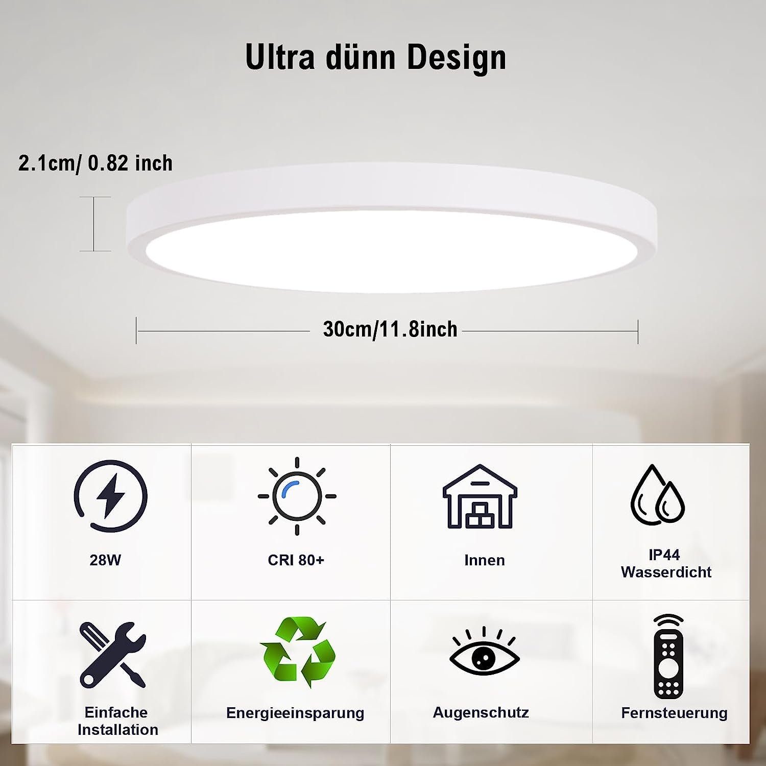 Nettlife LED Panel Weiß Dimmbar mit Fernbedienung Ultra Dünn Rund 20W, Speicherfunktion Timer-Modus, LED fest integriert, Warmweiß Neutralweiß Kaltweiß, für Wohnzimmer Schlafzimmer Badezimmer Küche, 30 x 30 x 2.1 cm