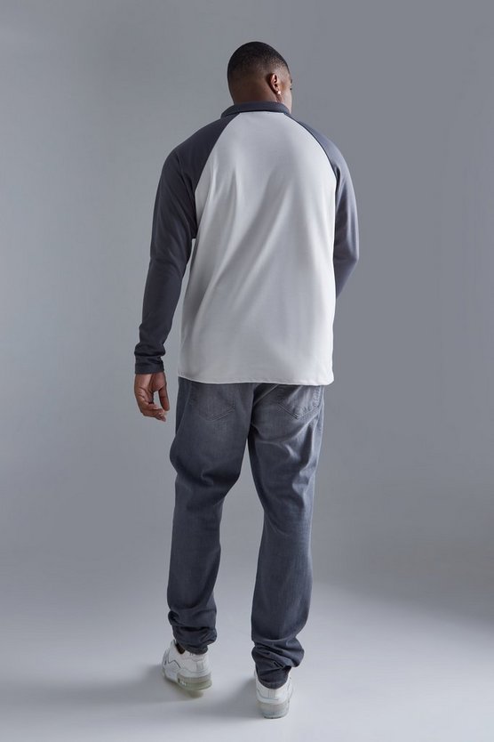 Plus langärmliges Slim-Fit Raglan Colorblock Poloshirt