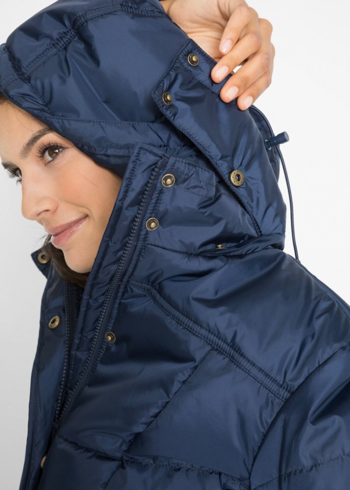 Long-Steppjacke, wattiert mit Kragen und Kapuze
