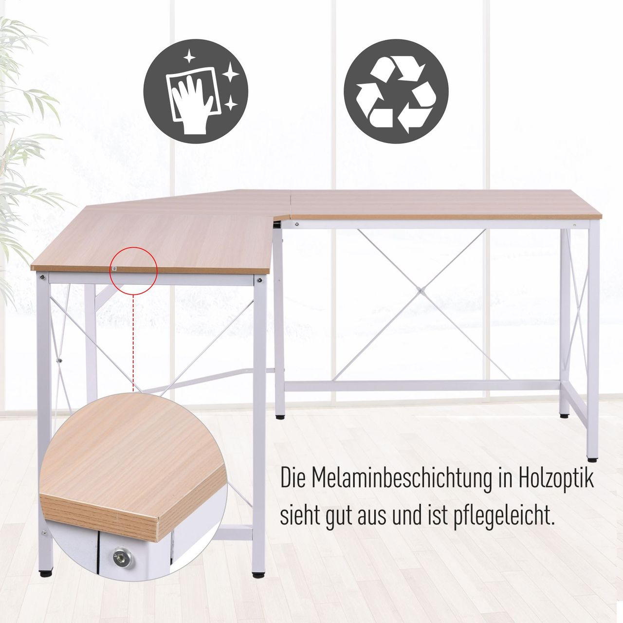 HOMCOM Computertisch L-Form Eckschreibtisch Winkelschreibtisch MDF Natur 150 x 150 x 76 cm