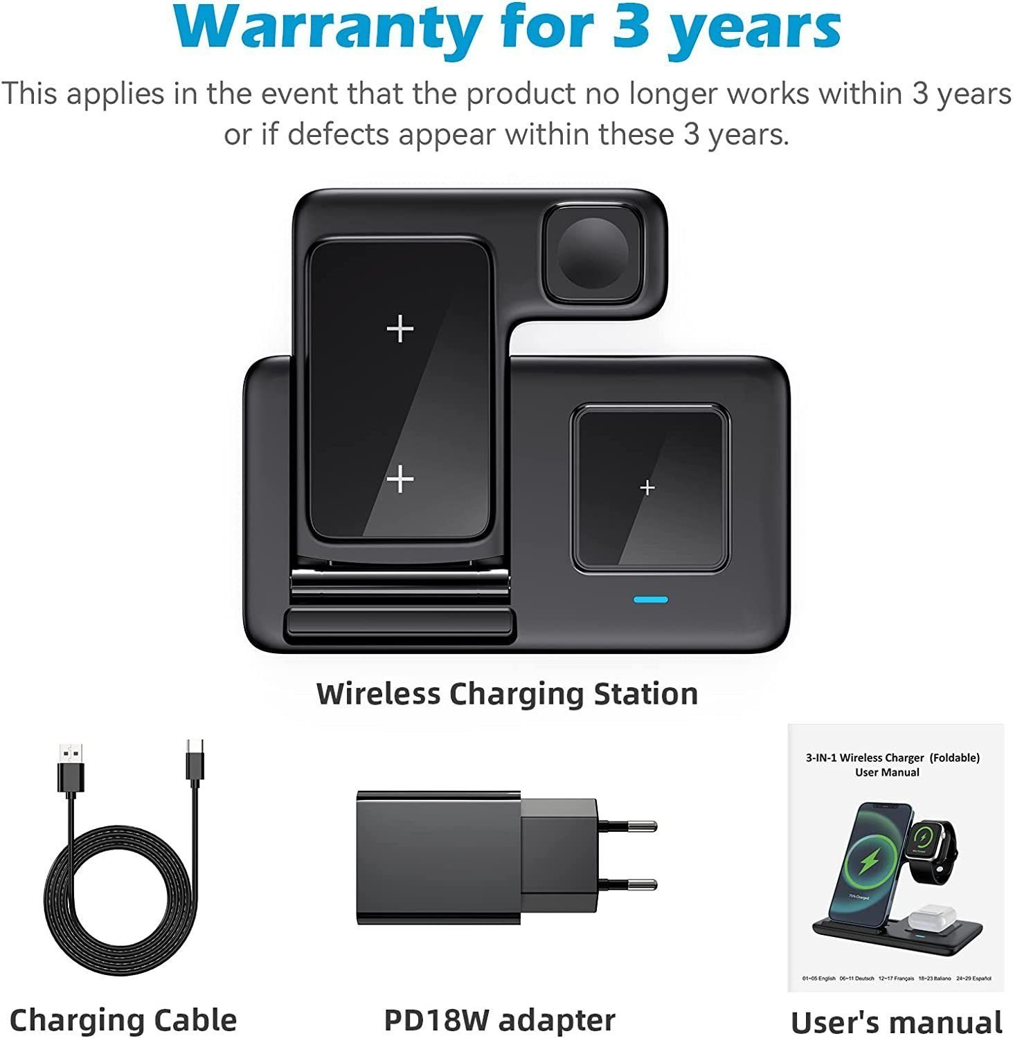 Yaviel Handy-Dockingstation Ladestation 3 in 1 Induktive Ladegerät Kabellose Wireless Charger 18W, (Apple Watch Iphone Airpods Handy Charging Station Induktive Ladegerät), mit USB Kabel für iPhone 14 13 12Pro Mini Pro Max