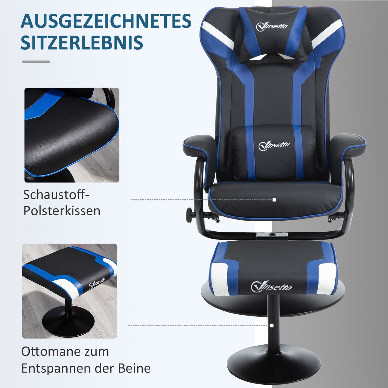 Vinsetto Relaxsessel mit Hocker, Fernsehsessel, Spiel-Stil, Gamingstuhl, Blau