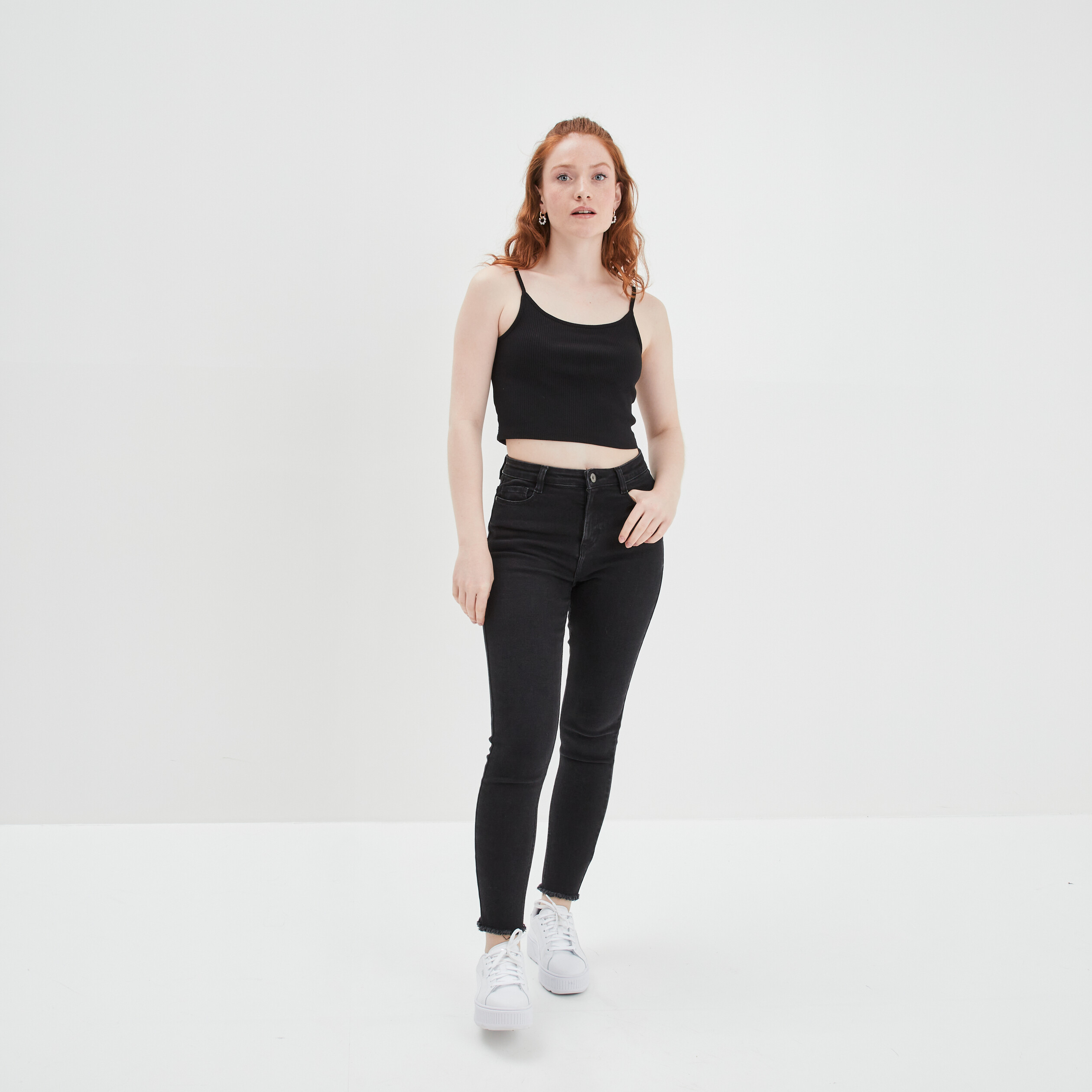 Débardeur cropped côtelé noir femme | La Halle