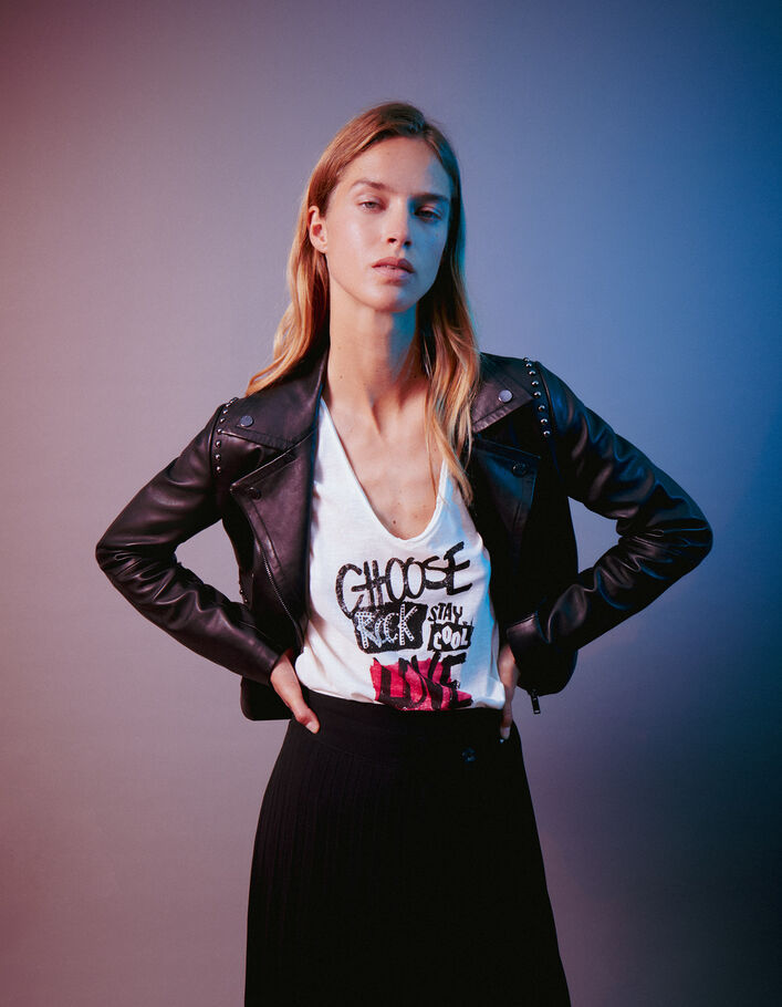 Tee-shirt écru coton bio à message clouté Femme