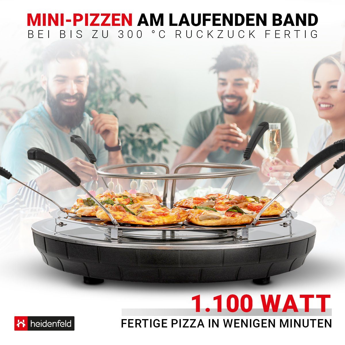Heidenfeld Pizzaofen Mini Pizzaofen Pizzachef für 6 Personen inkl. Pizzaschieber Raclette, 1100 W Pizzamaker - Dual-M-Heizstab - Abdeckung Terracotta Pizza Ofen