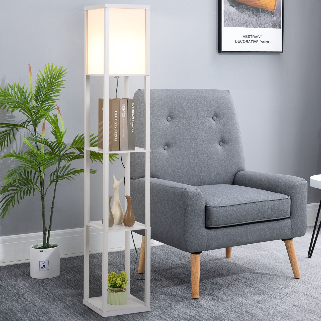 HOMCOM Stehleuchte Stehlampe mit 3 Regalen Innenbeleuchtung E27 bis 40W für Wohn-/Schlafzimmer E1-MDF, Acryl Weiß 26 x 26 x 160 cm