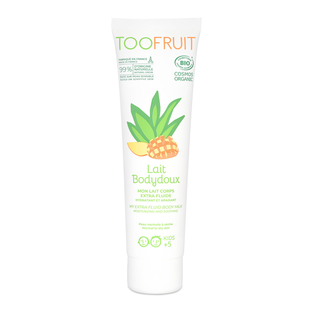 toofruit Lait Bodydoux, lait fluide apaisant corps BIO   Mangue - Aloe vera Lait fluide apaisant pour le corps. Peau normale à sèche.
