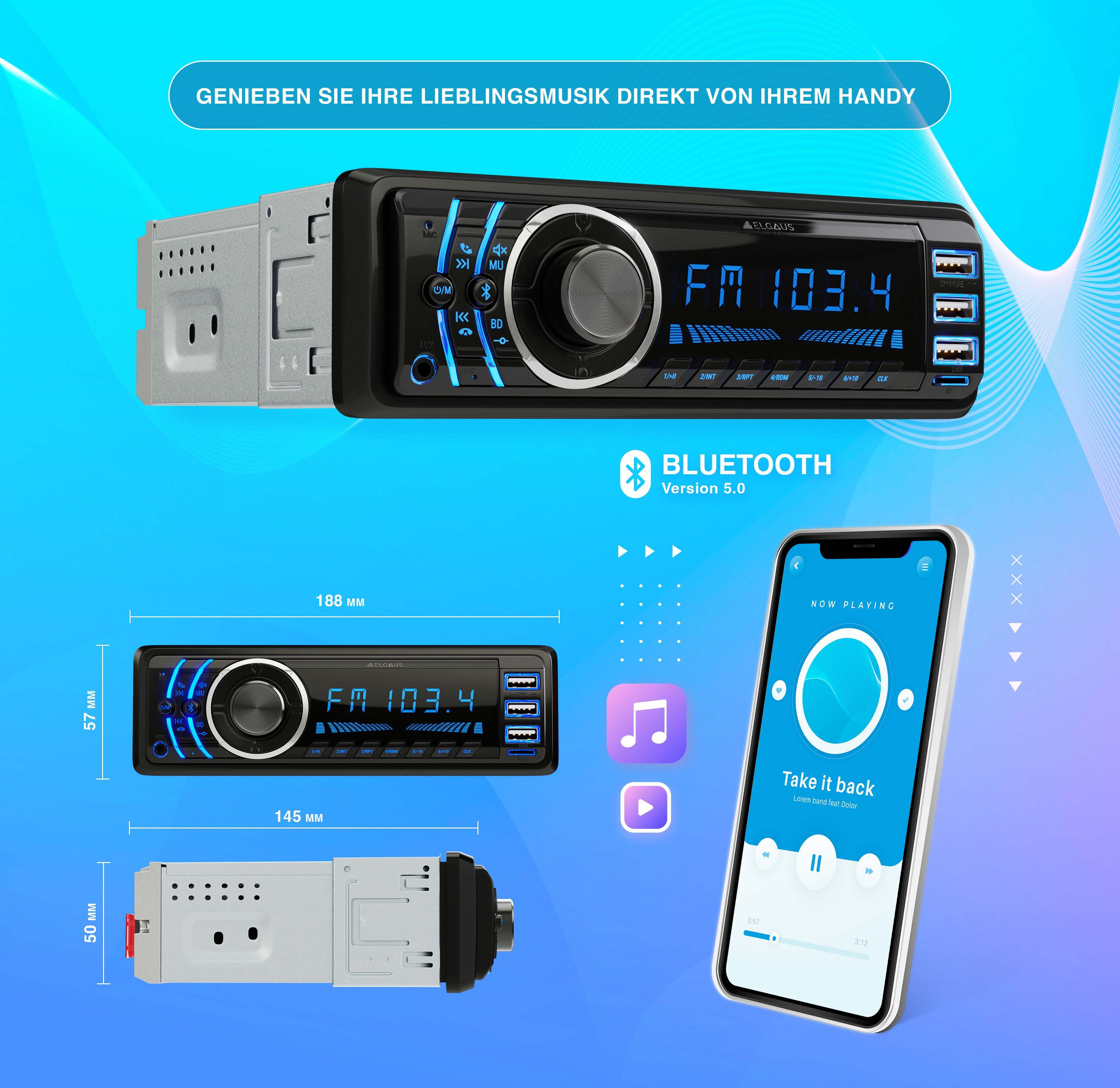 ELGAUS OM-170P 1 Din Autoradio (FM/AM, RDS, Bluetooth, RDS, Fernbedienung, ID3, Appsteuerung, Manual in DE/EN)