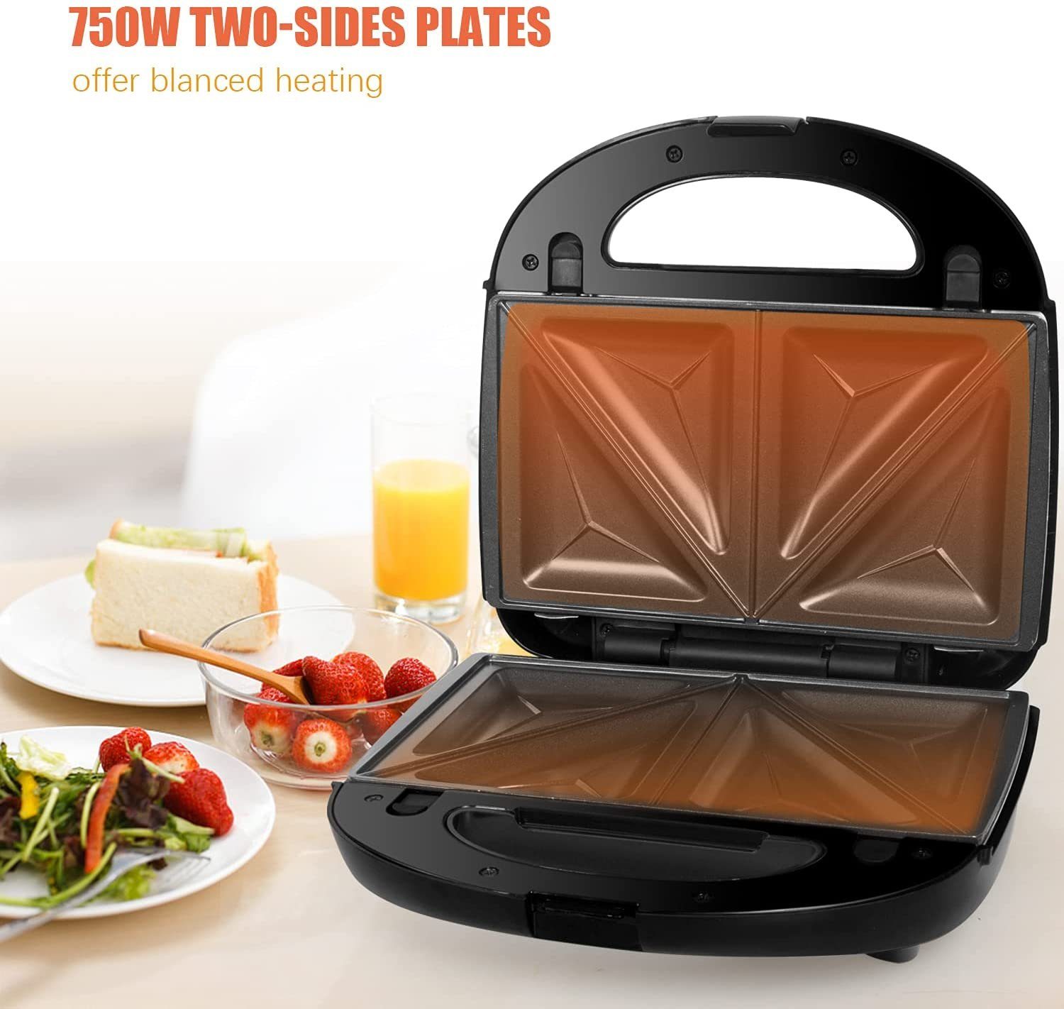 Gotoll 3-in-1-Sandwichmaker HS120N, 750 W, Waffeleisen Sandwichtoaster, Grill wechselplatten, schwarz