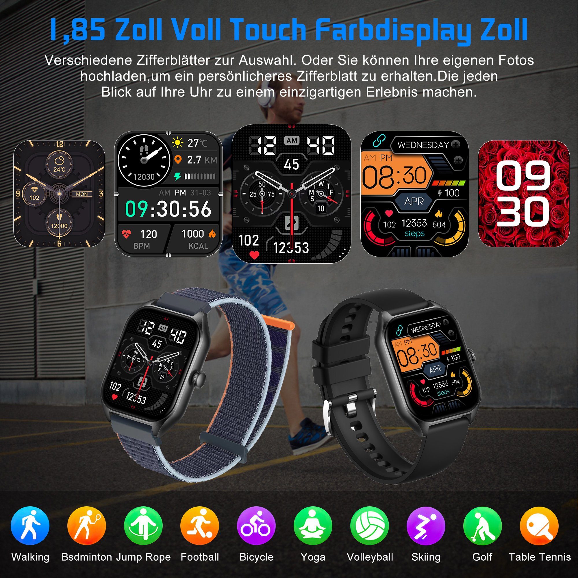Mutoy Smartwatch, Fitness Tracker Uhr mit Anruffunktion für Damen Herren Smartwatch (1,85 Zoll Voll Touch Farbdisplay Zoll) mit Blutsauerstoff, Blutdruckmessung, Herzfrequenz, Schrittzähler,Schlafqualität,Musiksteuerung und Fernfotografie,Stoppuhr&We