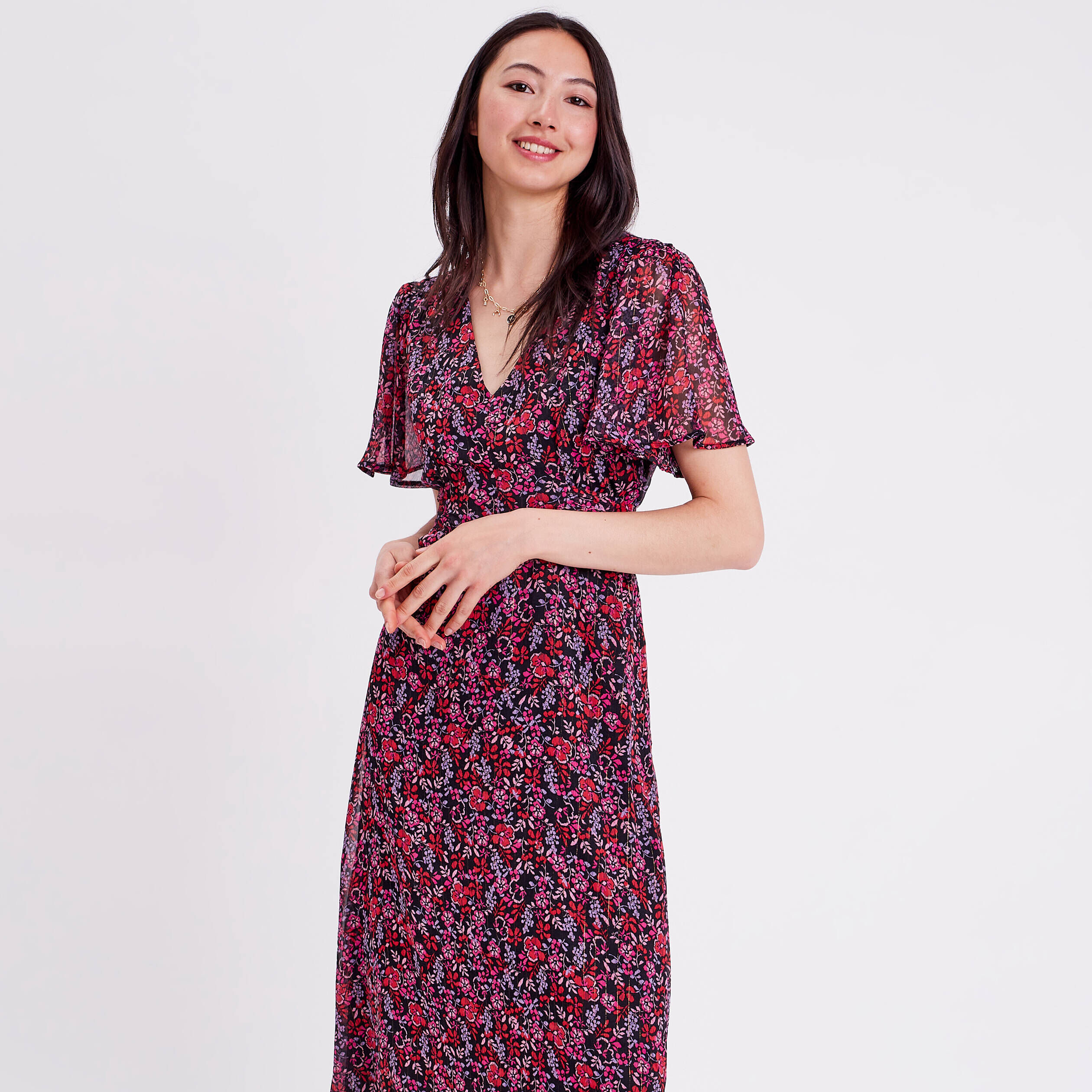 Robe longue évasée col en V rouge femme | Cache Cache