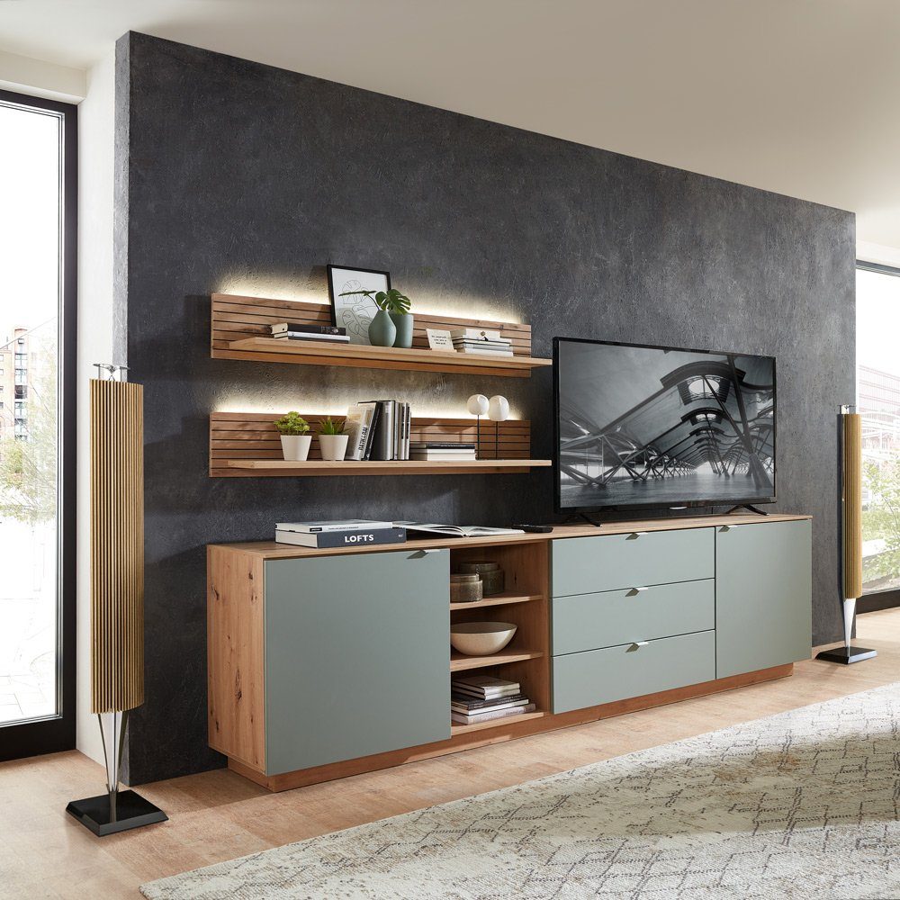 Lomadox Wohnwand CUST-36, (3-St., 3-tlg), Set mit 2 Wandboards grün mit Eiche 240 cm, Wohnwand, Fernsehschrank